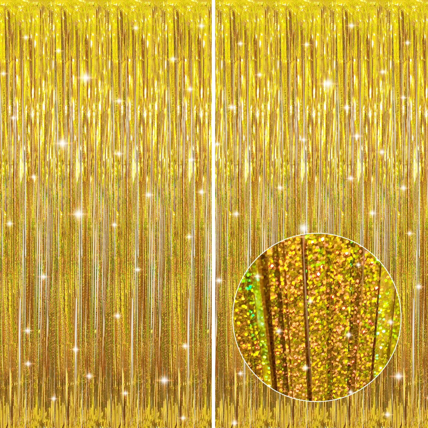 GOER 3.2 ft x 8.2 ft Metallic Tinsel Foil Fringe Curtains Party Photo Backdrop Party Streamers for Birthday,Graduation,New Year Eve Decorations Wedding Decor (2 Packs,Laser Gold)