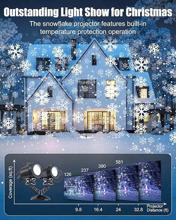 Brightown Christmas Snowflake Projector Lights Outdoor, LED Double Head Christmas Projection Lights Waterproof Snow Rotating Lamp Landscape Lights for House Xmas Holiday New Year Decoration