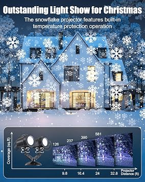 Brightown Christmas Snowflake Projector Lights Outdoor, LED Double Head Christmas Projection Lights Waterproof Snow Rotating Lamp Landscape Lights for House Xmas Holiday New Year Decoration