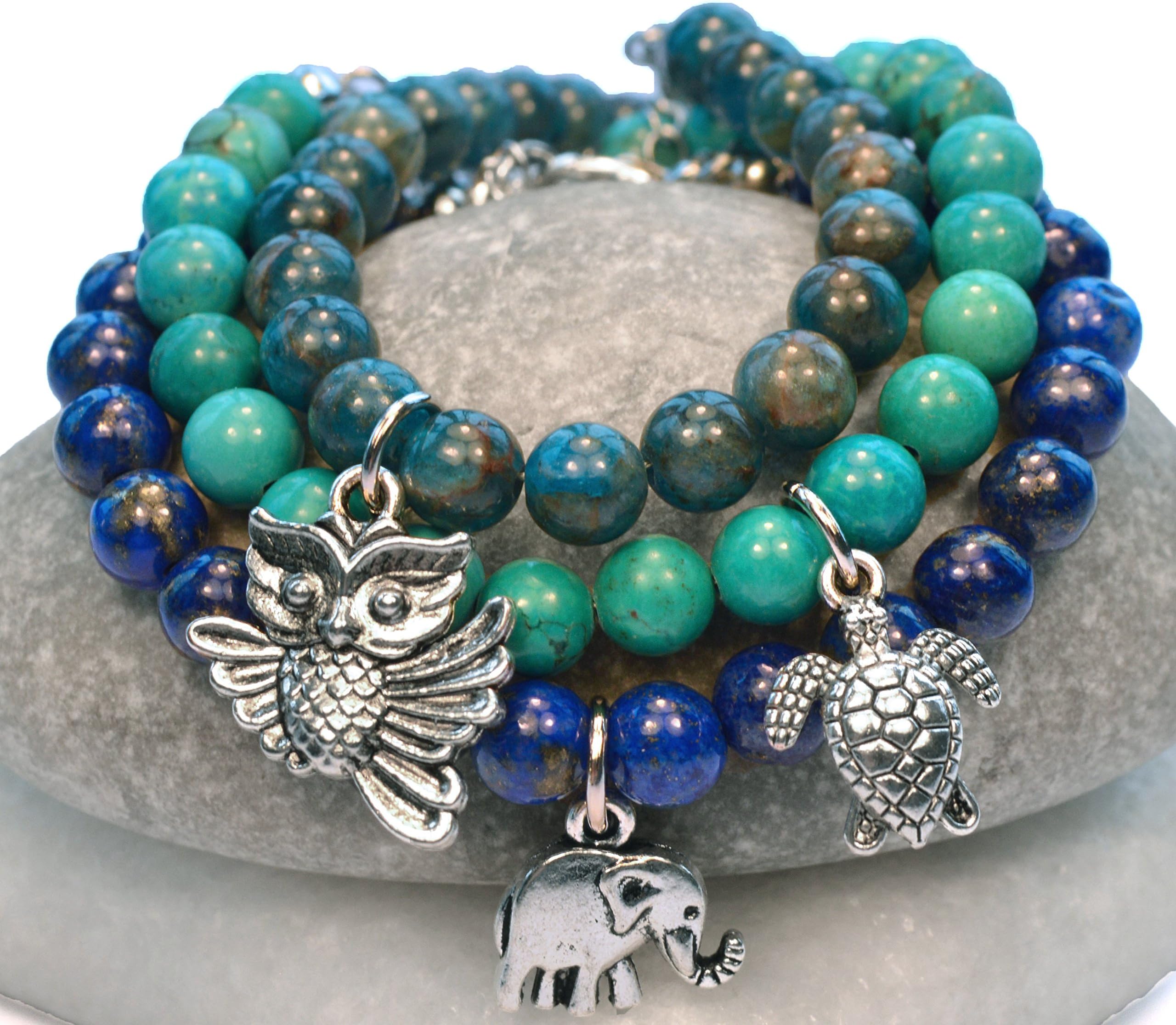 Healing Crystals for Stress Anxiety Depression Turquoise Lapis Lazuli Apatite Natural Gemstone Beads Semi Precious Gem Charm Bracelets