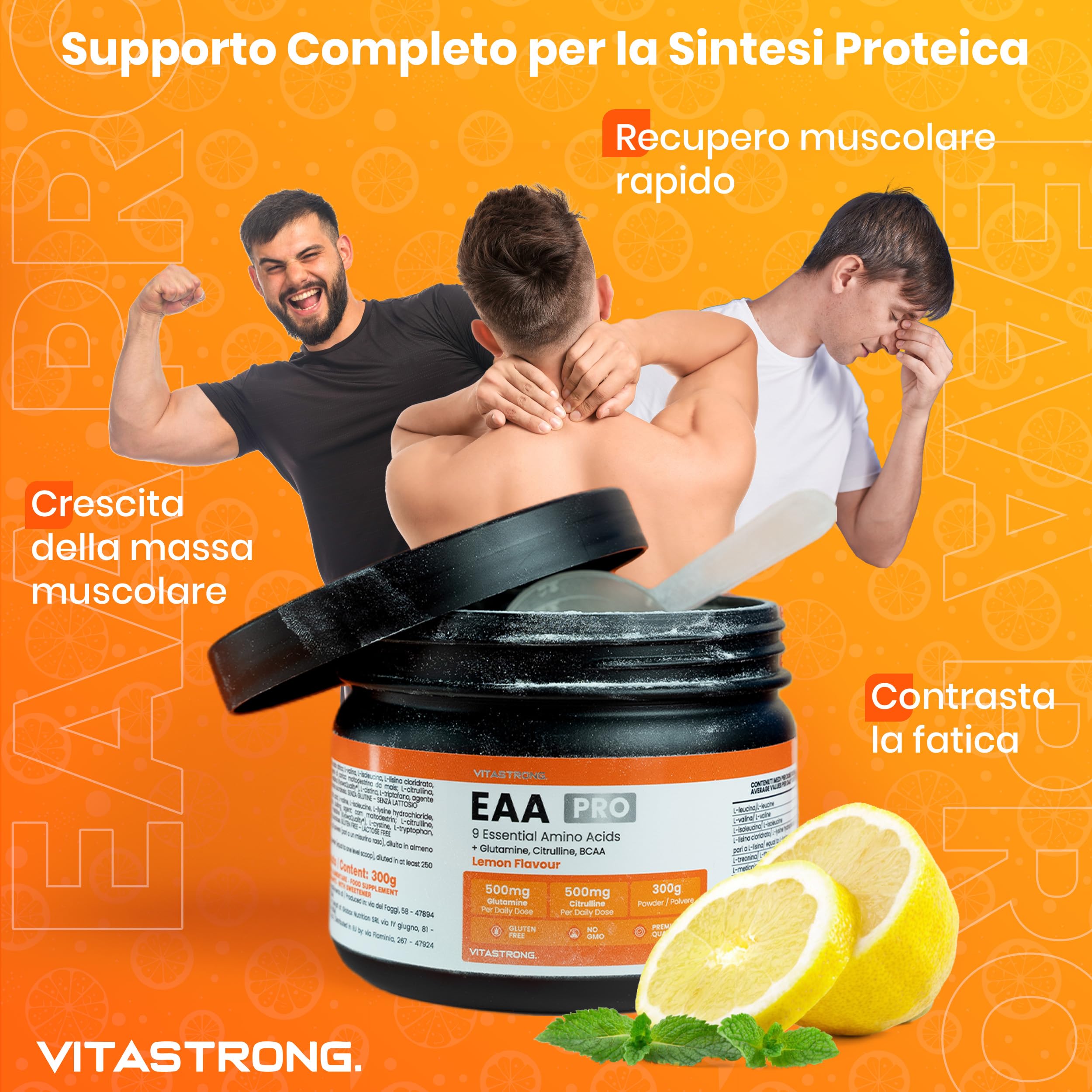 Aminoacidi Essenziali EAA PRO Vitastrong, 9 EAA Aminoacidi Essenziali Polvere 300g, BCAA Amminoacidi Ramificati, Glutammina, L Citrullina, L-Tirosina, L Lisina, L Triptofano, Metionina, Gusto Limone