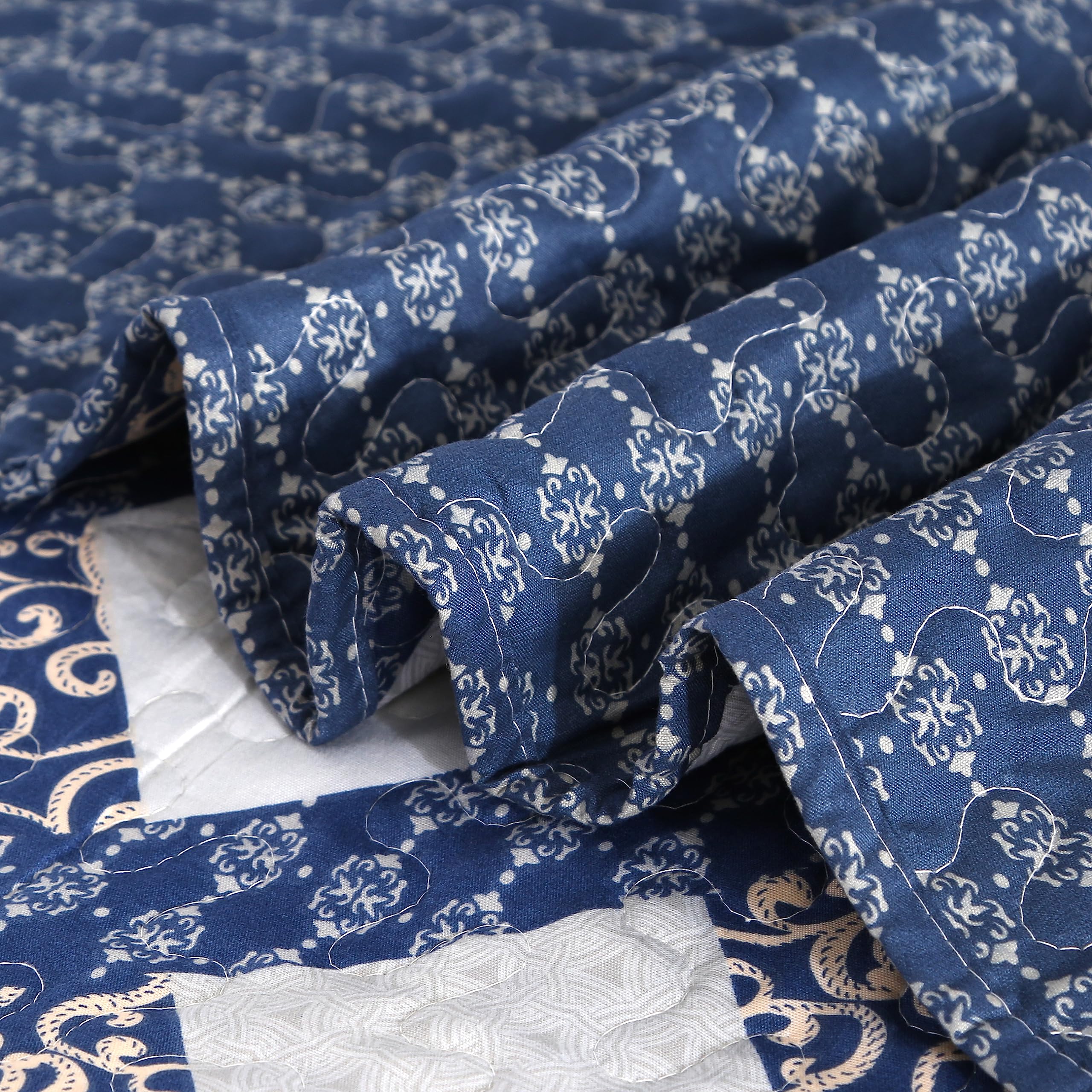 Qucover Colcha Cama 180,Cubrecama 270x250cm Patchwork Etnico Algodón y Microfibra Suave, Colcha Azul Reversible Manta Cama con 2 Fundas de Almohada para Todas Las Estaciones