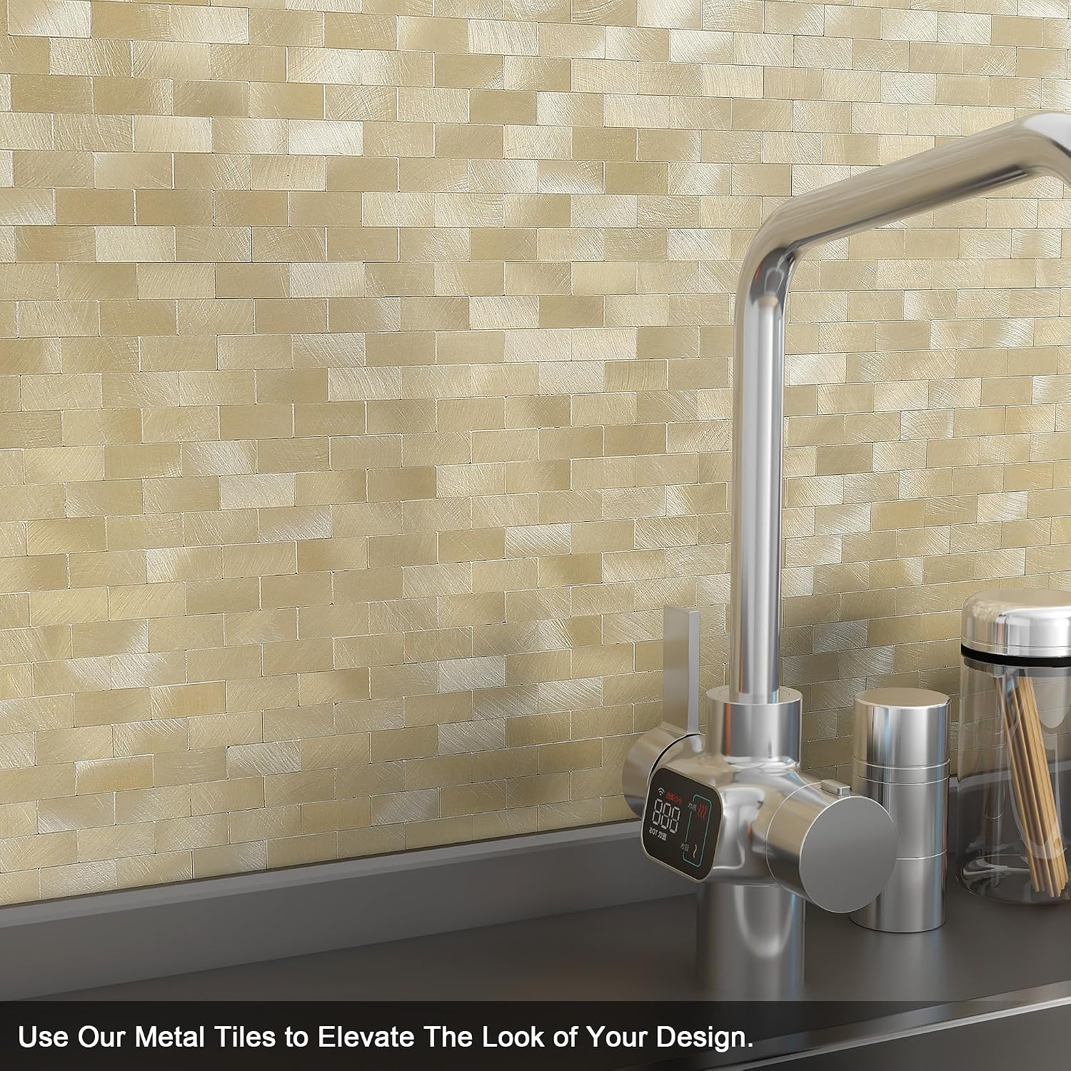 BeNice Peel and Stick Backsplash for Kitchen, Metal Tile Backsplash Peel and Stick Mosaic Tile for Wall Fireplace(Gold New,10sheets)