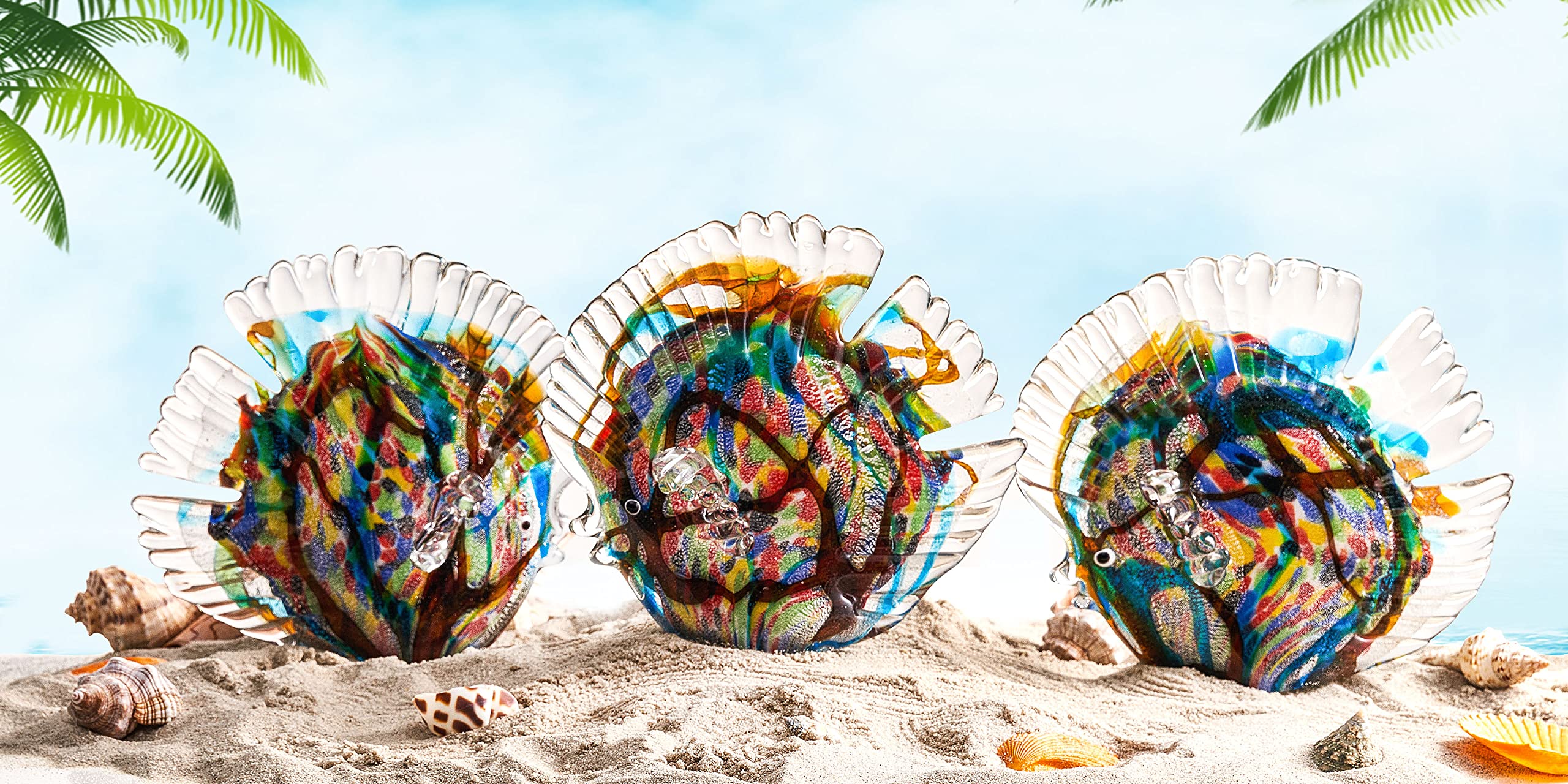 EUSTUMA Figurines de poissons tropicaux en verre soufflé à la main, sculpture d'animaux marins pour aquarium, collection d'animaux marins pour cadeau d'anniversaire, sculpture en verre