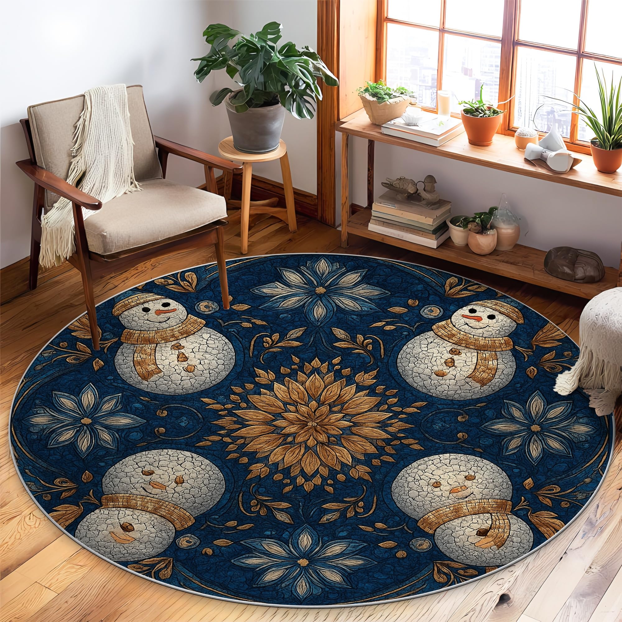 Tapis rond antidérapant et anti-tache bleu marine pour sécuriser le salon