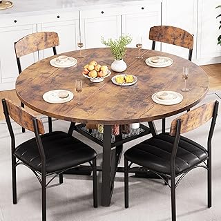 Round Dining Table Set for 4, Kitchen Table and Chairs for 4, Circle Table Round Pedestal Dining Room Dinner Dinette Table Set,5 Piece Space Saving Wood Kitchen & Dining Room Tables (Vintage, 42In)