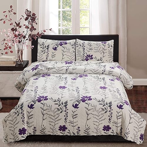Floral Quilt Set Bedding King Size Bedspread Coverlet Lightweight Floral Bedspread King Size Quilt Women Home Collection Bedding Vintage Grey Leaves Purple Floral Coverlet Reversible Quilt Bedspread