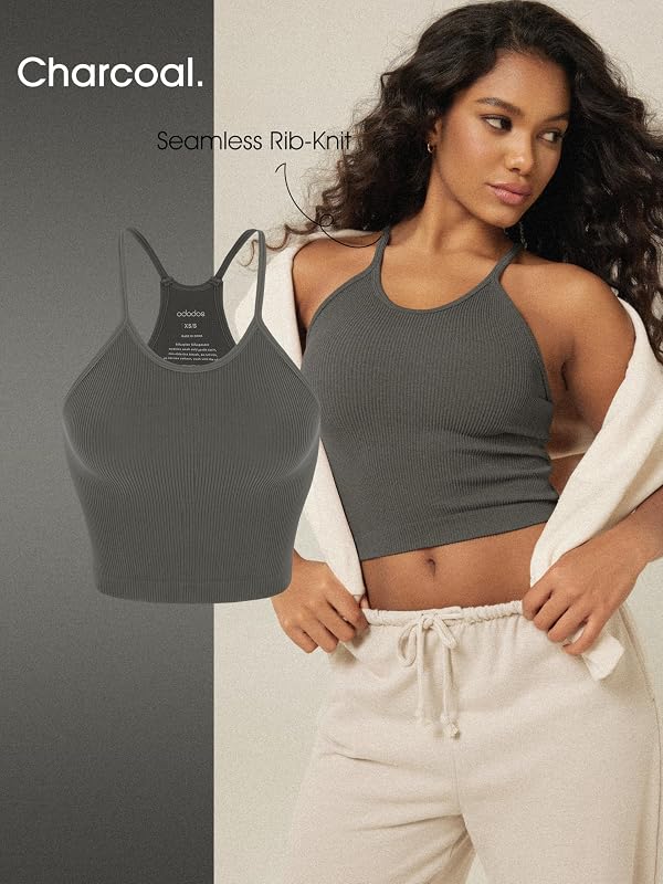 ODODOS Women's Crop Camisole 3-Pack Seamless Rib-Knit Crop Tank Tops, Long Crop, White+Charcoal+Mushroom, X-Small/Small by ODODOS - Used condition - Image 5