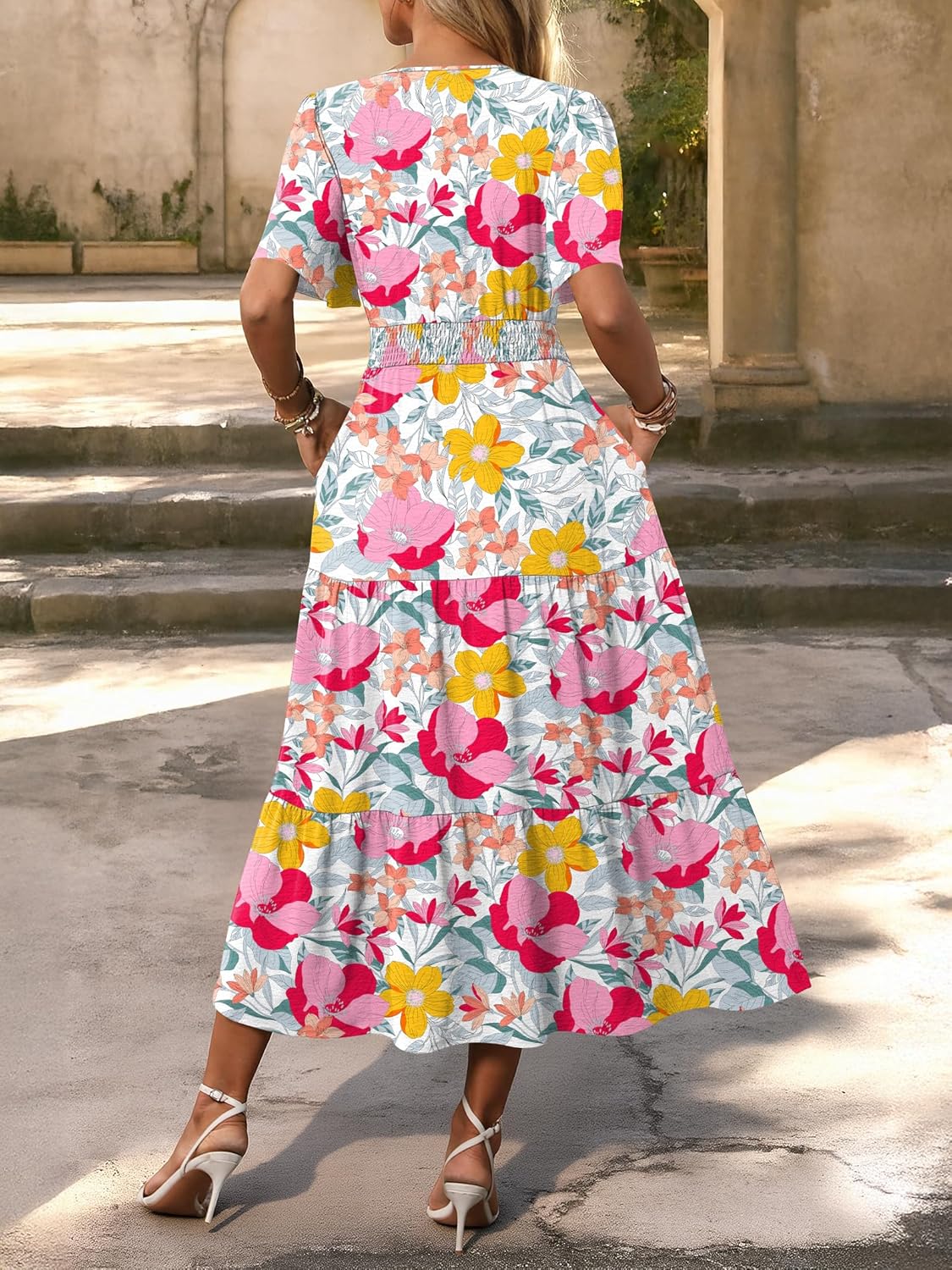 Caracilia Womens Summer Midi Dresses Casual A Line Wrap V Neck Short Sleeve Flowy Tiered Party Vacation Dress with Pockets - Image 5