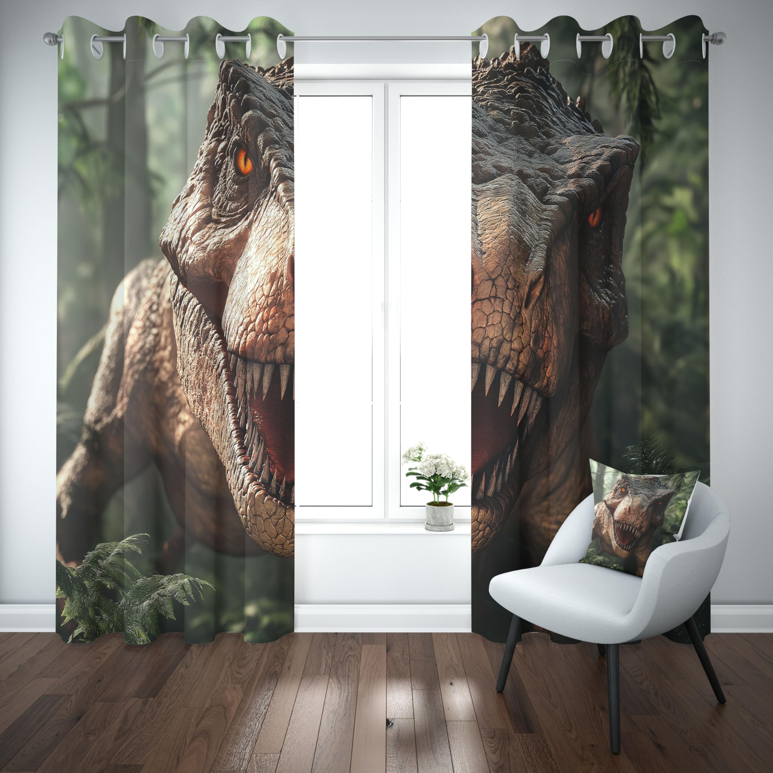 Rideaux occultants à motif dinosaure pour salon, rideau à motif feuilles vertes pour chambre, rideaux occultants thermiques à motif dinosaure tyrannosaure pour chambre d'enfant ou d'adolescent, lot de