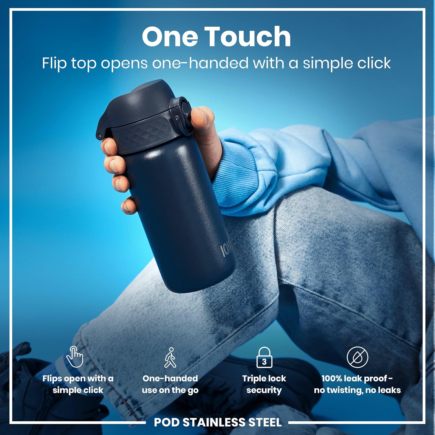 ION8 Kids Water Bottle, Steel 400 ml/13 oz, Leak Proof, Easy to Open, Secure Lock, Dishwasher Safe, Hygienic Flip Cover, Carry Handle, Easy Clean, Durable, Scratch Resistant, Carbon Neutral, Navy Blue