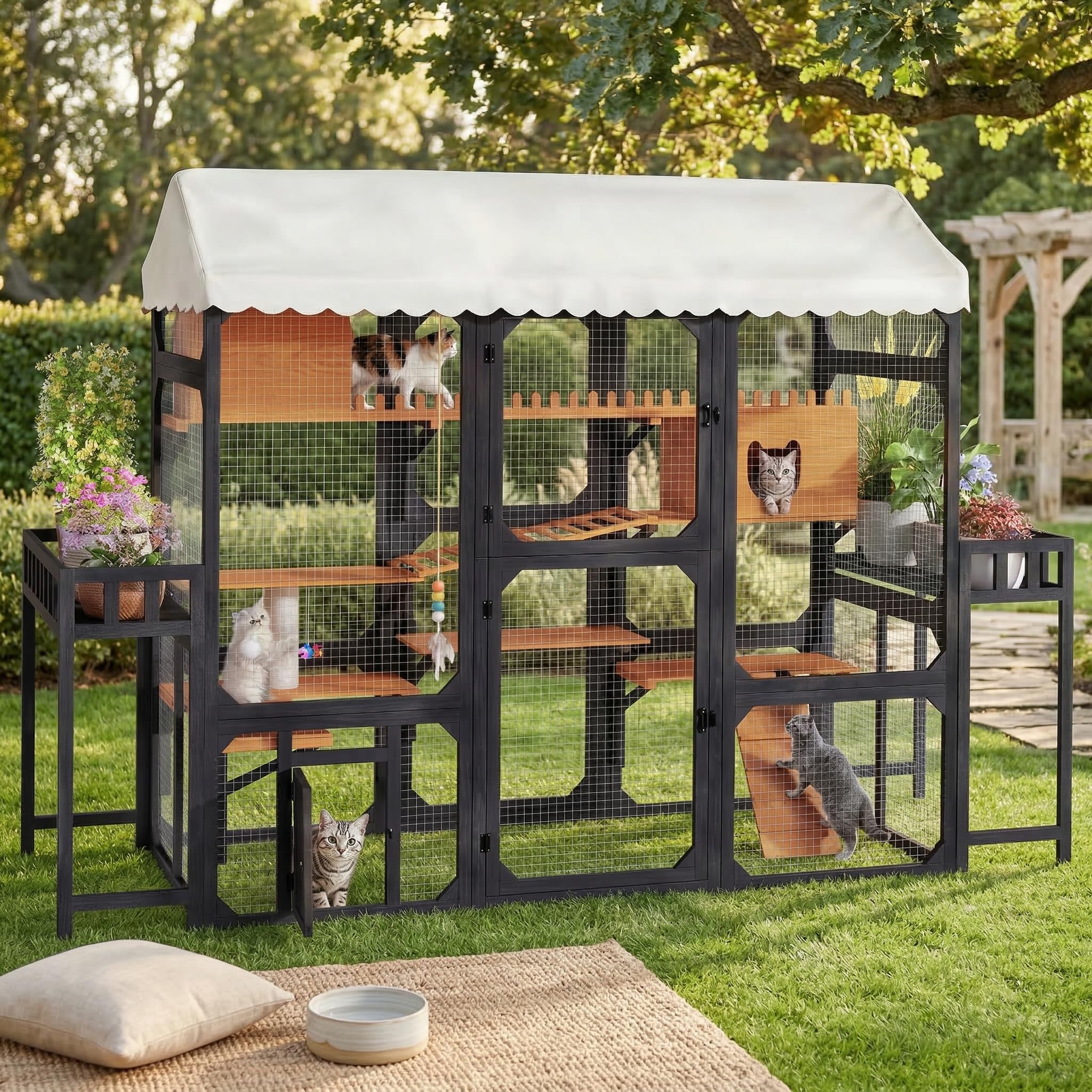 Photo 1 of Trygoal Large Outdoor Cat Enclosure Wooden Catio, Multi-Level Cat Playpen with Weather-Resistant Roof, Resting Box, Climbing Ramps, Wire Mesh & 2 Plant Stands for Backyard Patio, Black