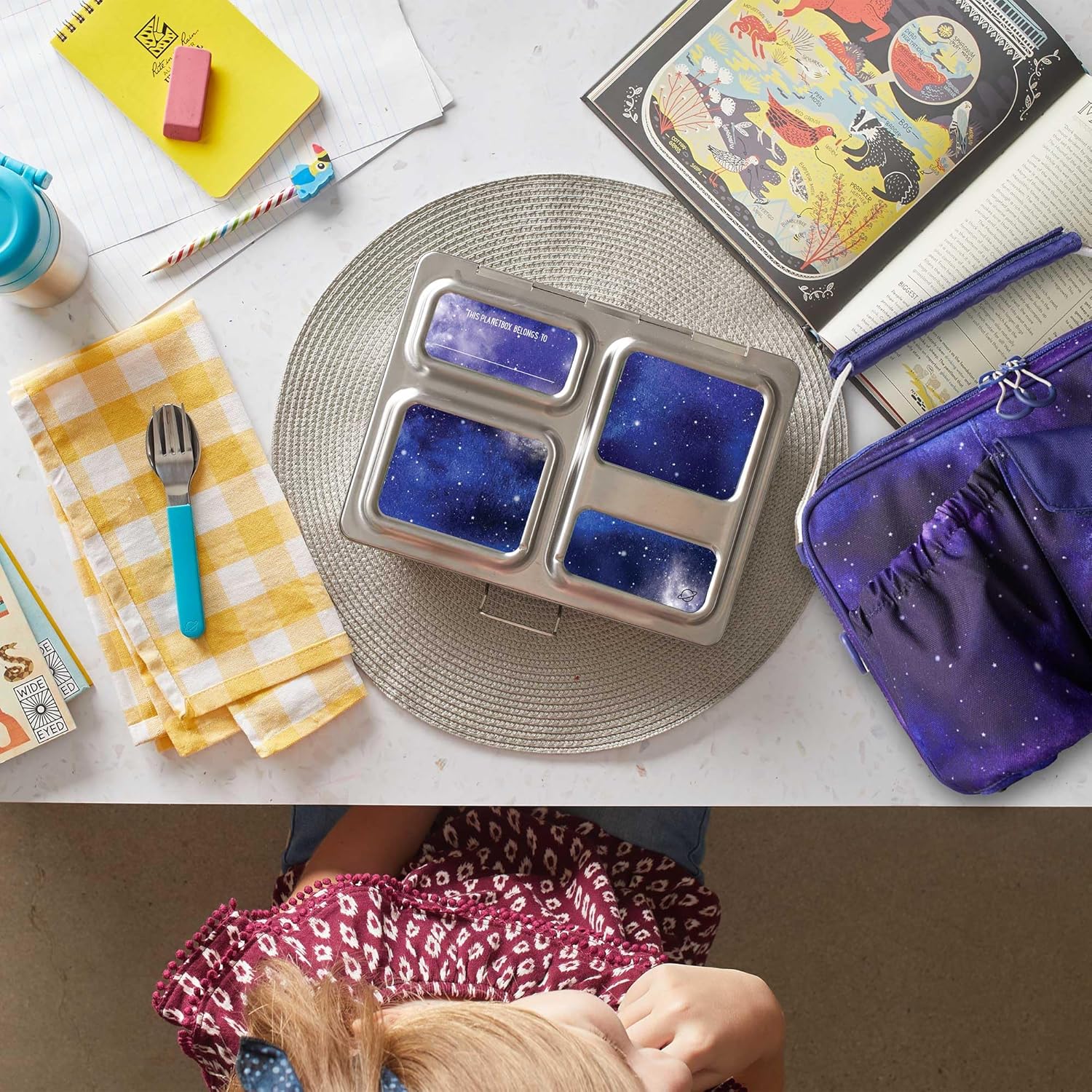 PlanetBox Launch Stainless Steel Bento Box Style Lunch Box Kit for Kids and Teens with 3 Compartments – Stardust Edition includes Insulated Lunch Bag, Leakproof Food Containers and Matching Magnets