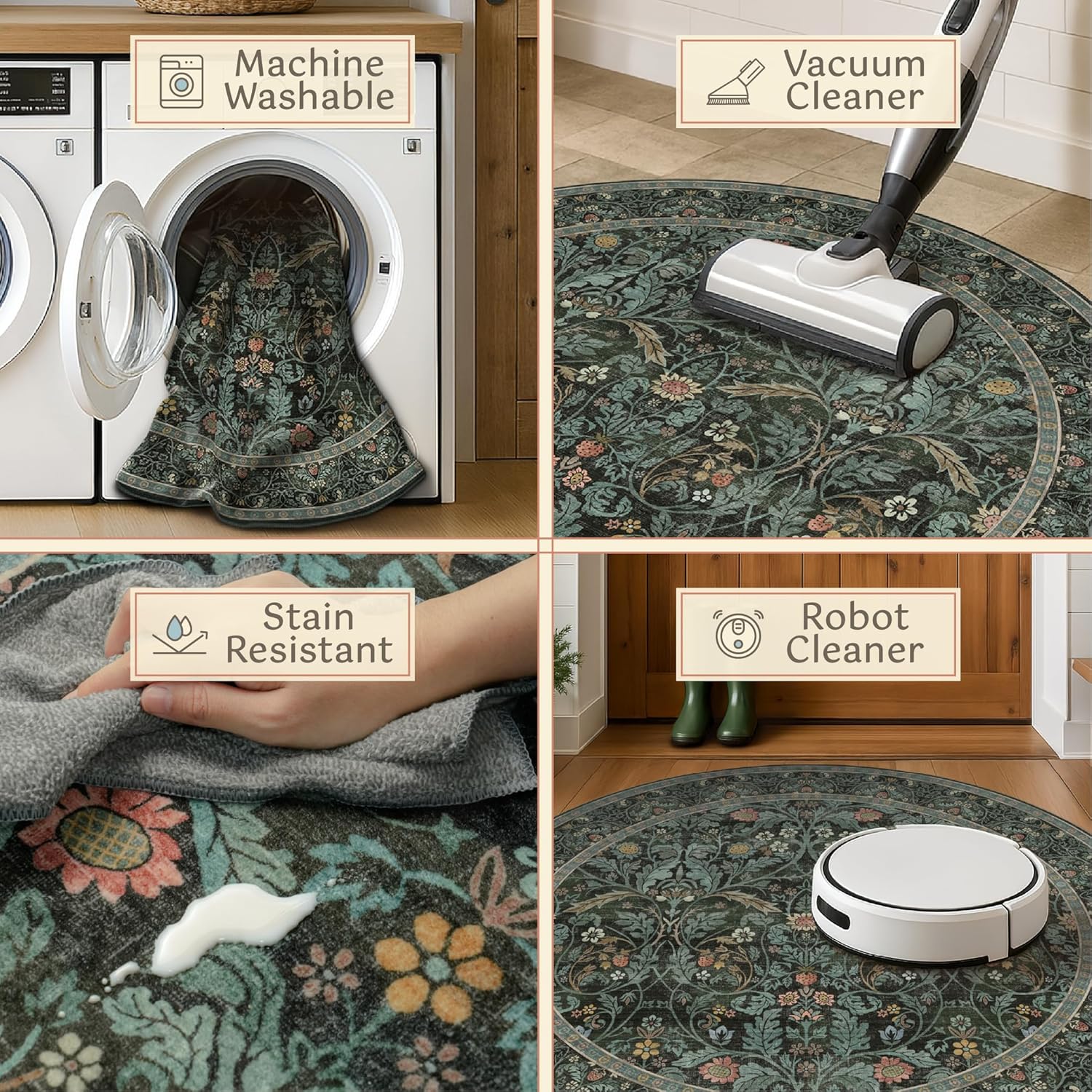 Dark Green 6ft Round Rugs for Living Room, Kitchen, Botanical Floral Washable Circle Area Rug for Bedroom, Dining Room, Traditional Oriental Moody Home Decor Circular Carpet