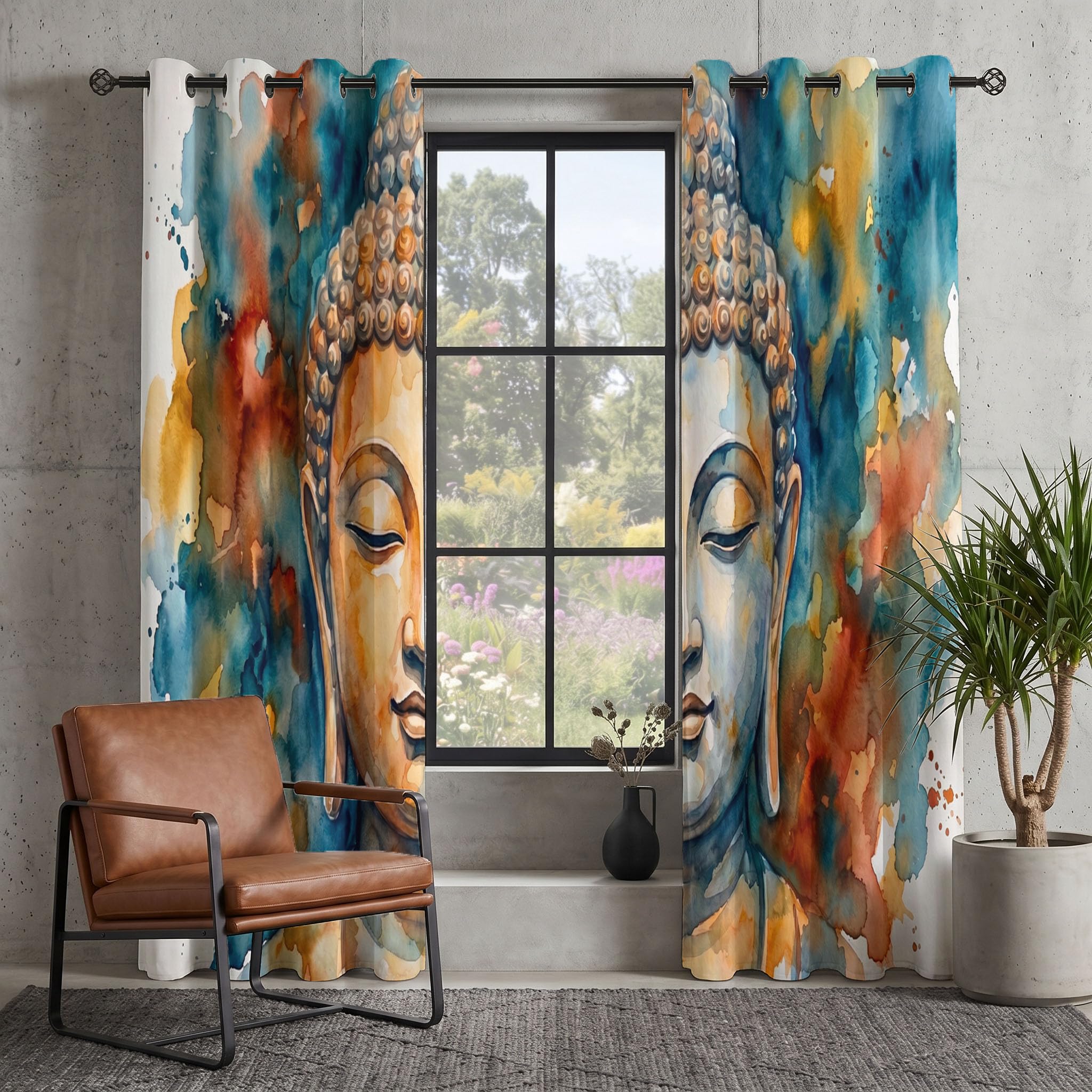 Tende oscuranti al 95% con Arte astratta per soggiorno | 160 cm di lunghezza, pannelli con Statua Buddha realizzata con acquerello e inchiostro. per camera da letto, tende isolate termicamente