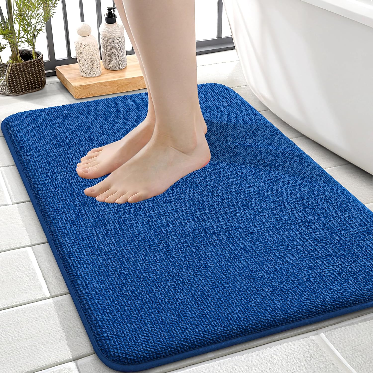  Memory Foam Small Bathroom Rugs 24x16, Absorbent Mat, Deep Navy Blue