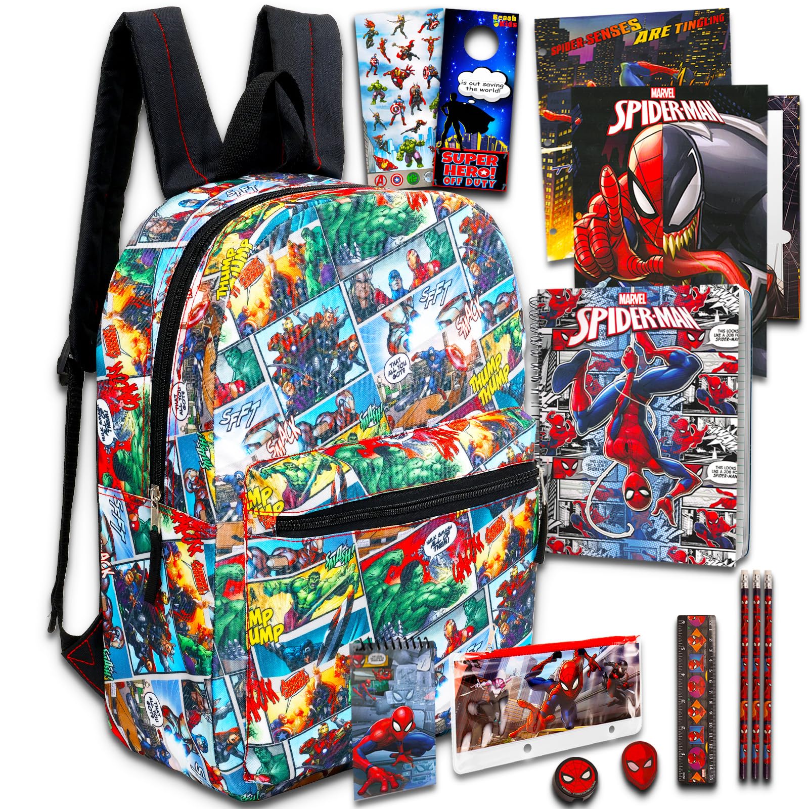 Marvel Avengers Backpack Set Boys Girls Kids - 7 Pc Bundle With Avengers Superhero School Bag, Folders, Pencils, Stickers and More (Marvel School Supplies)