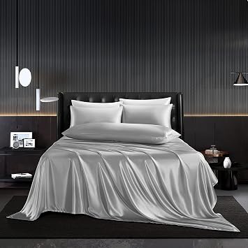 4Pcs Satin Sheets Set Twin Size Sheets Light Gray Sheets Silky Breathable Luxury Bedding Sheets with 1 Satin Flat Sheet,1Deep Pocket Fitted Sheet,2 Pillowcases