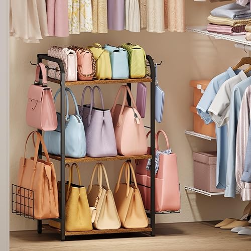 Iron & Wood Floor-Standing 3-Tier Purse Rack with Adjustable Feet,
