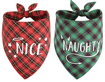 Naughty Nice Dog Bandana 2 Pack, Triangle Reversible Christmas Pet Scarf for Boy or Girl, Bandana for Small Medium Large Dogs
