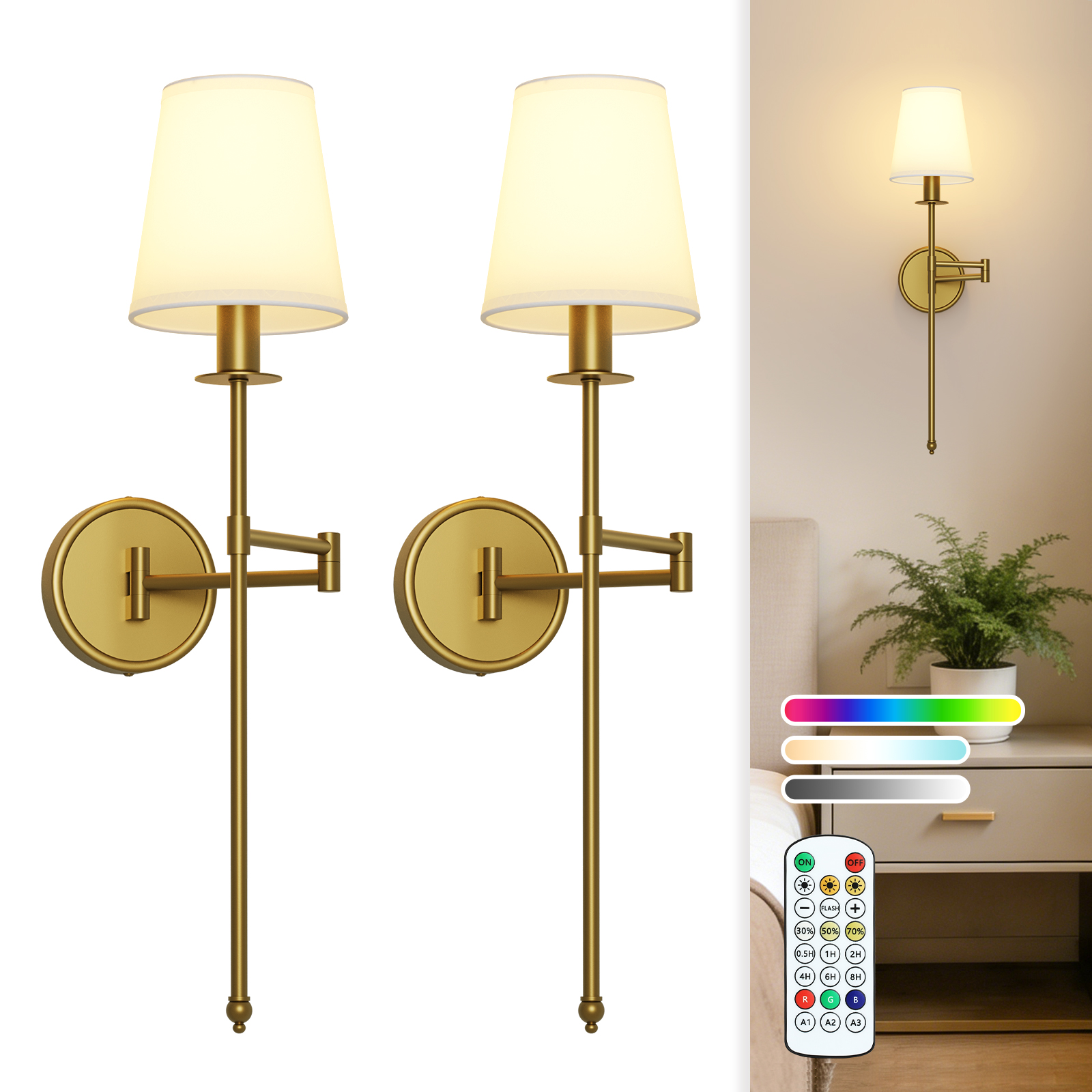 Image of Joosenhouse Battery Operated Wall Sconces (Set of 2), Wireless Dimmable Wall Lights, 9 RGB Color Options, 24.8-inch Brass Indoor Wall Lamps, for Decorating bedrooms, Living Rooms, and hallways