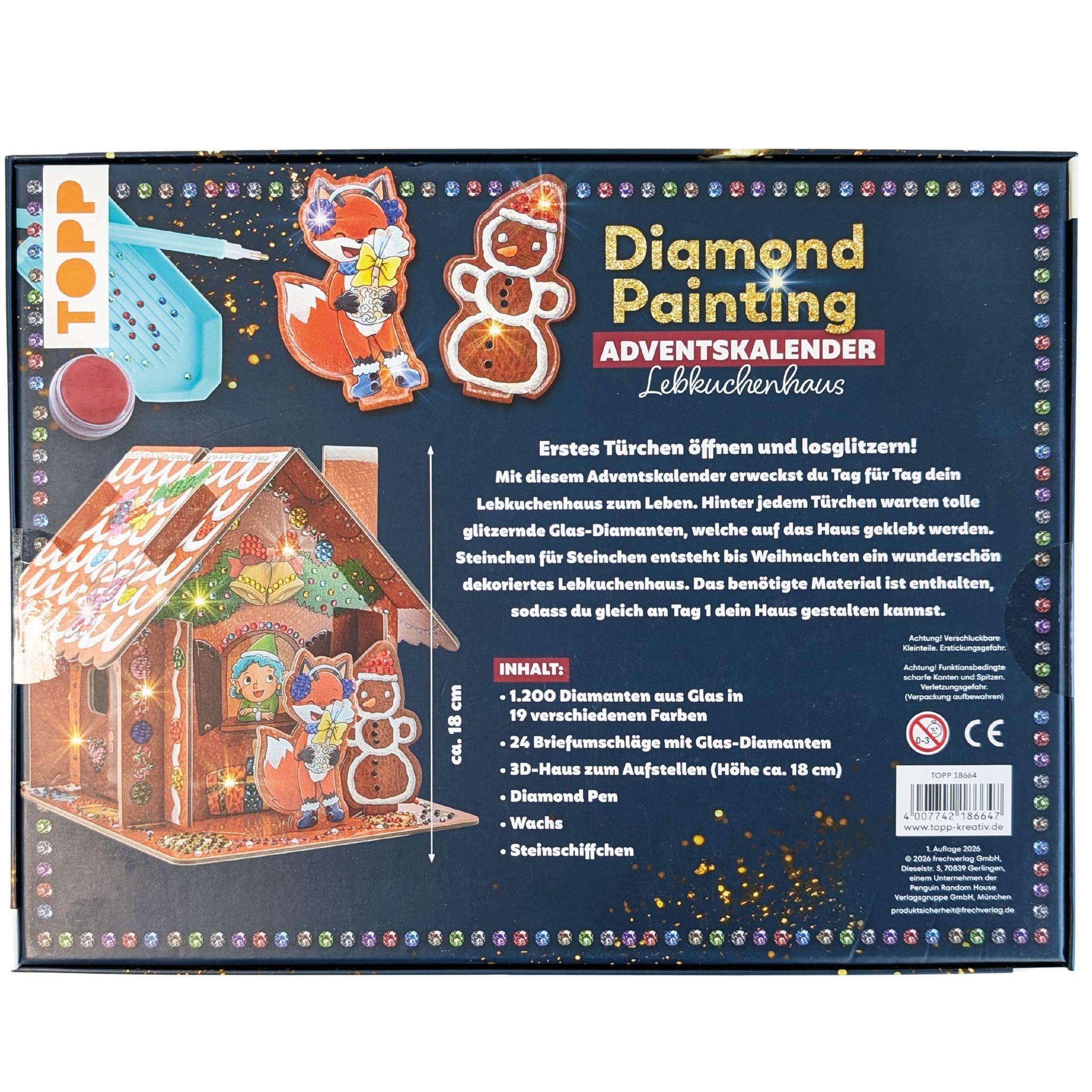 Diamond Painting Adventskalender Lebkuchenhaus. Mit Material und Werkzeug: 3D-Lebkuchenhaus, 1.200 Glas-Diamanten (19 Farben), Diamond Pen, Steinschiffchen, Wachs, Box