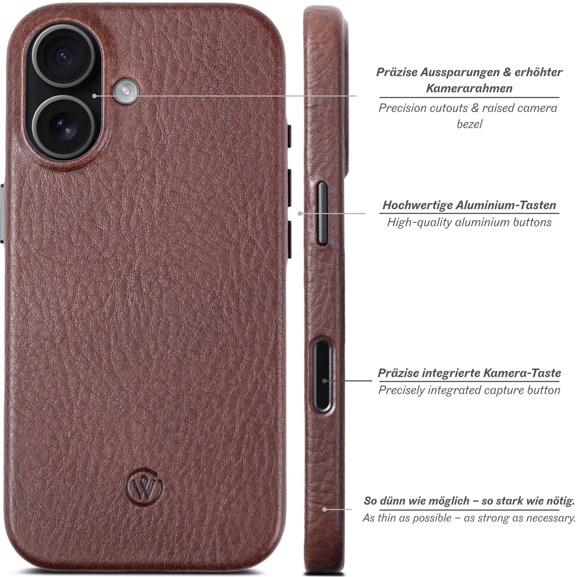 Lederhülle für iPhone 17 – Handmade Premium Case aus pflanzlich gegerbtem Echtleder, extra dünn, 360° Schutz, magnetisches Laden (Qi), (Chocolate, iPhone 17)