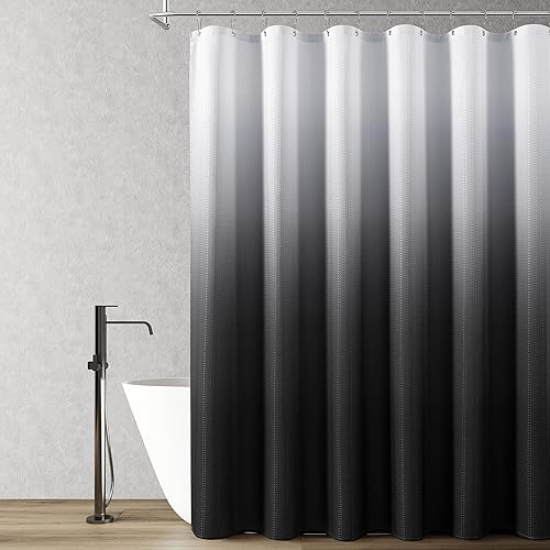 Cortinas de ducha de 78 pulgadas de largo para baño, cortina larga de tela de gofre de poliéster negro degradado, cortina de ducha repelente al agua