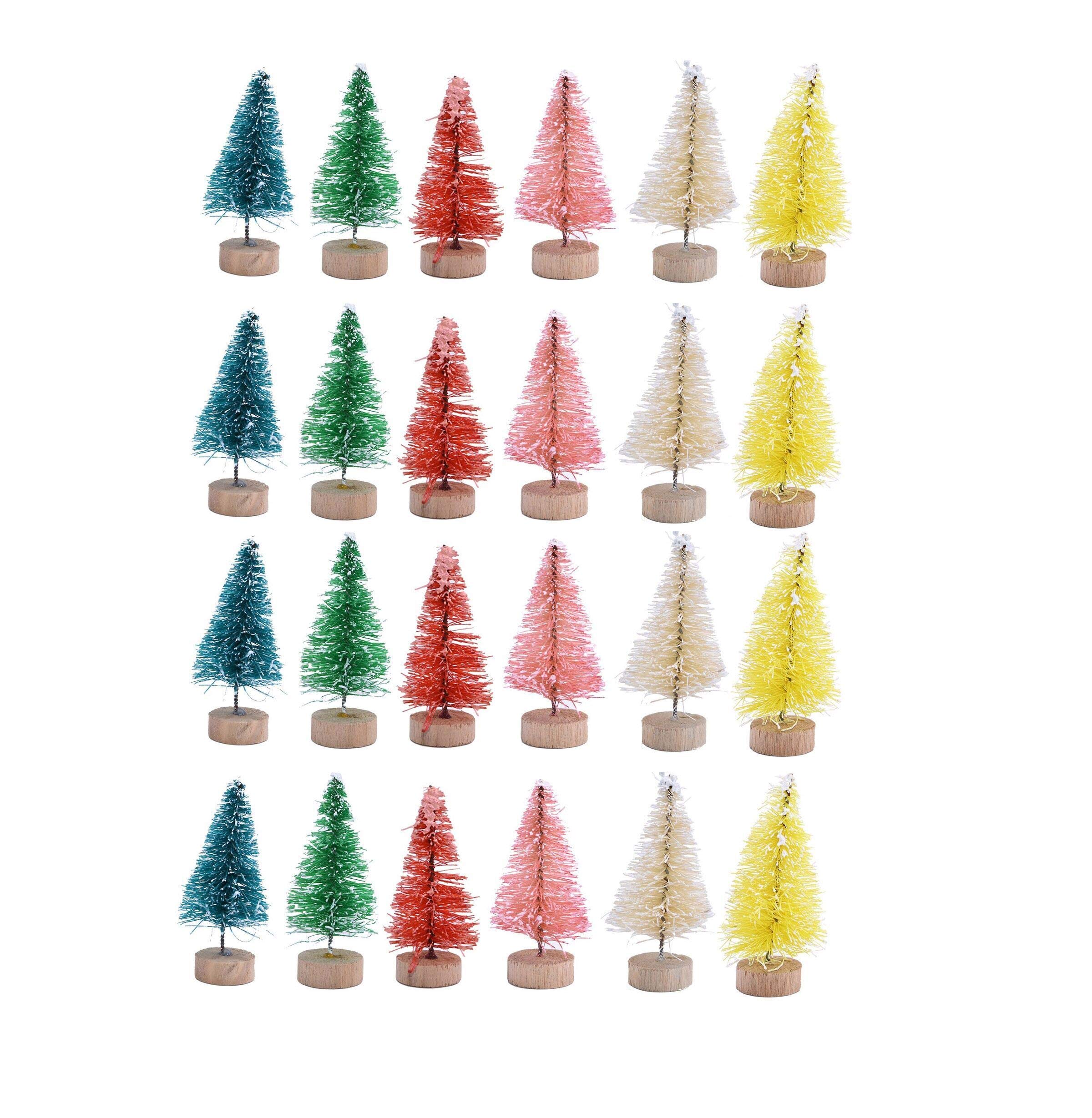 Yalulu 24 Pcs Multicolor Mini Snow Frosted Sisal Tree Miniature Christmas Pine Tabletop Trees Bottle Brush Trees for Christmas Crafting and Party Home Decoration