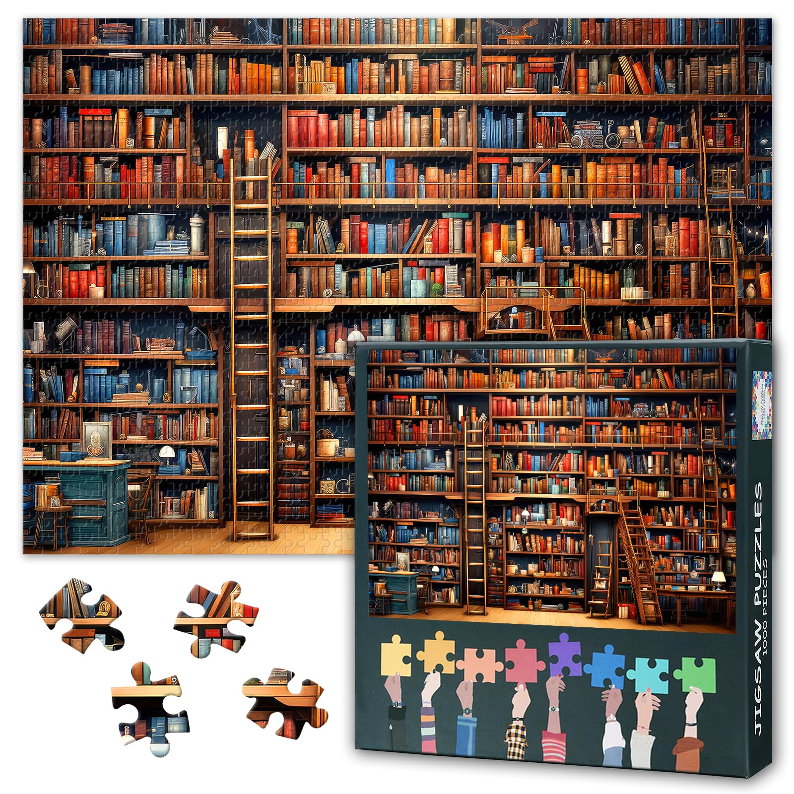 Vintage Library 1000 Piece Puzzle for Adults Bookshelf Filled with Lots of Books Collage Puzzles Learning and Education Concept Jigsaw Puzzles Family Challenging Puzzle Gifts 50x70 cm