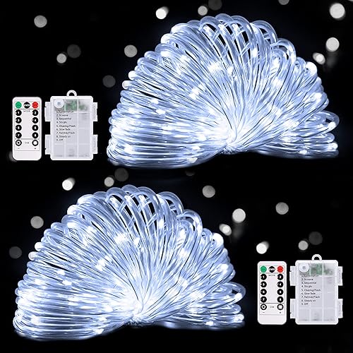 POTIVE Cuerda de luces blancas que funcionan con pilas, luces de cuerda para exteriores, temporizador impermeable con control remoto, 33 pies, 100