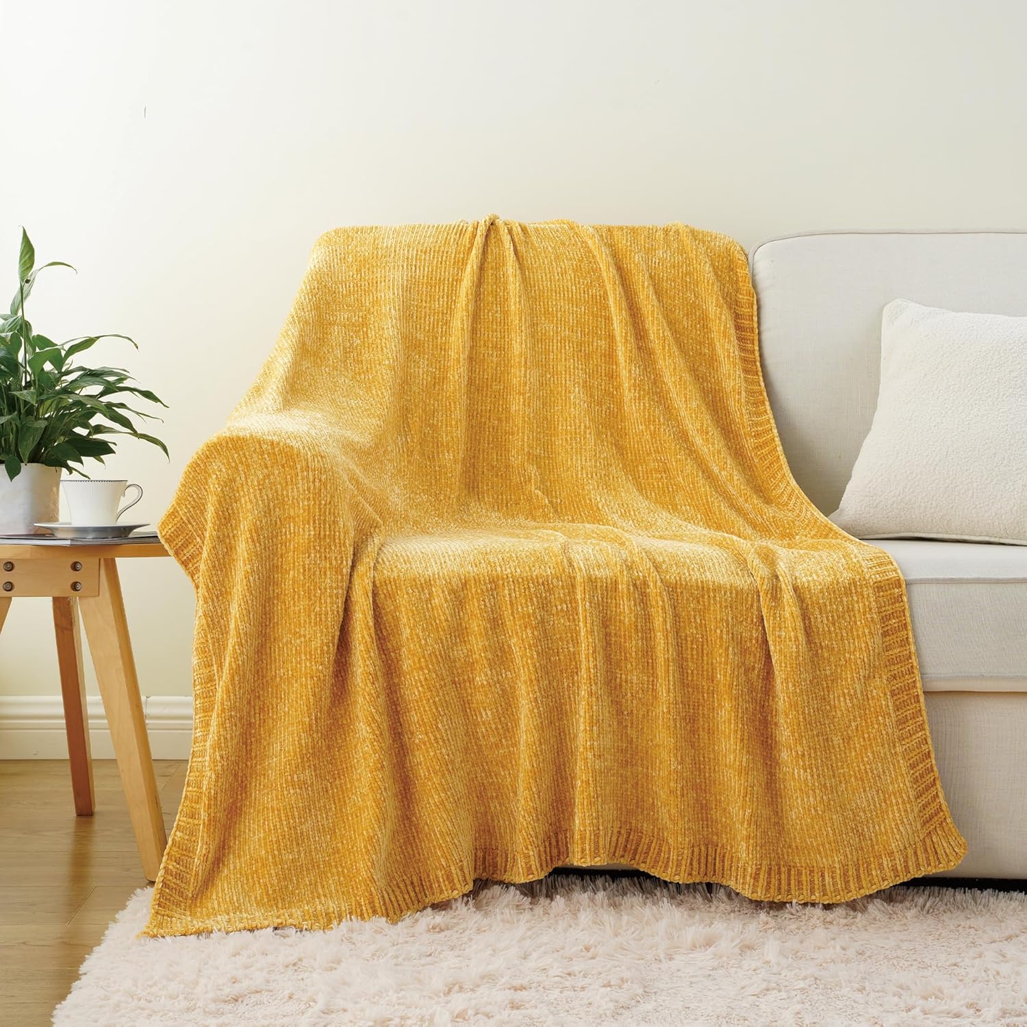 BATTILO HOME Mustard Yellow Throw Blanket for Couch, Knit Gold Chenille Throw Blanket for Sofa,Chair, Soft Cozy Spring Blanket for Bed,Home Decor, 51"x67" - Image 2