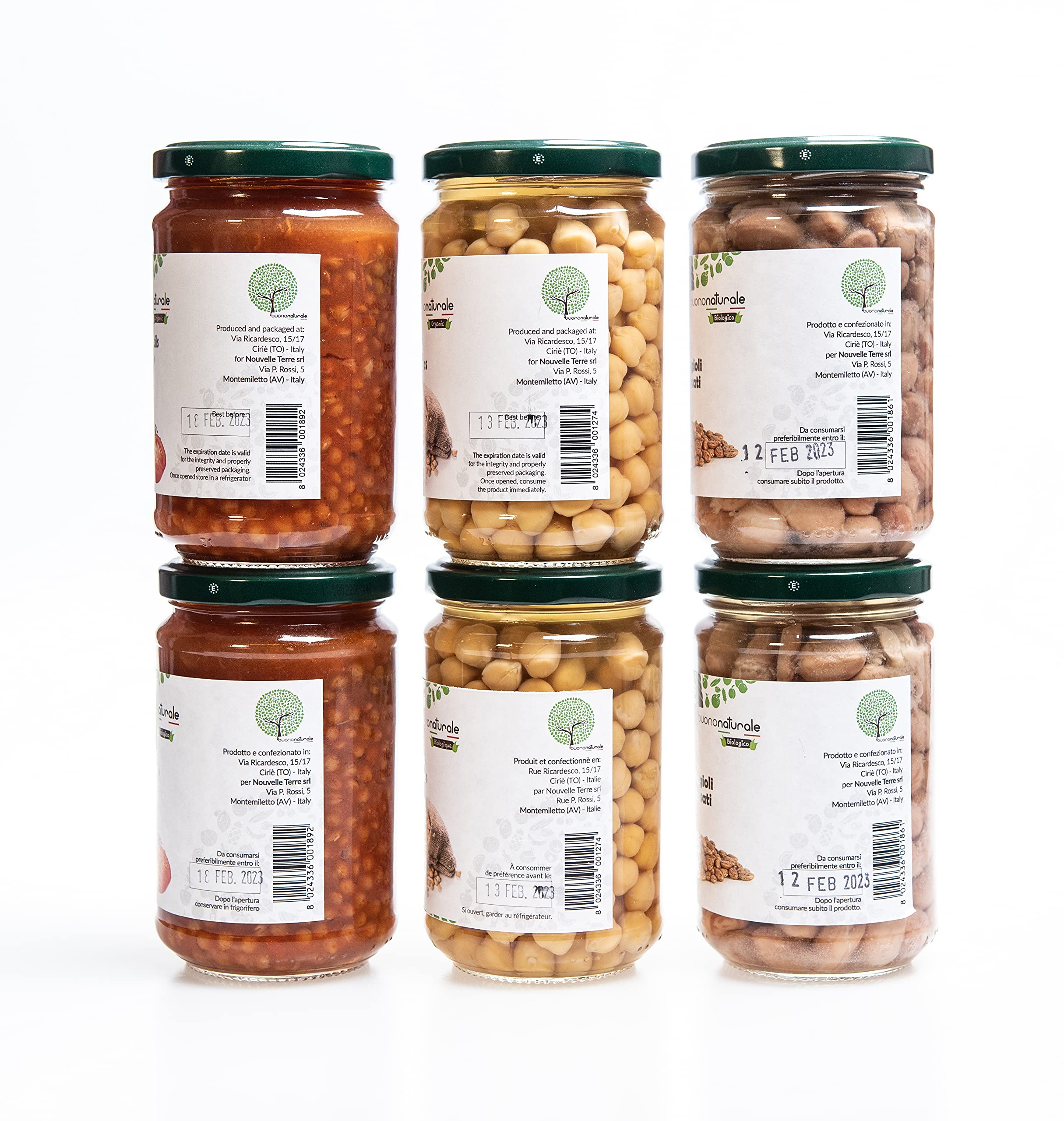 buononaturale Boîte aux légumes BIO 1,8kg — mélange de légumineuses italiennes bouillies: 2pcs Lentilles au tomate BIO, 2pcs Haricots borlotti bouillis BIO et 2pcs Pois chiches bouillis BIO (6x300g)