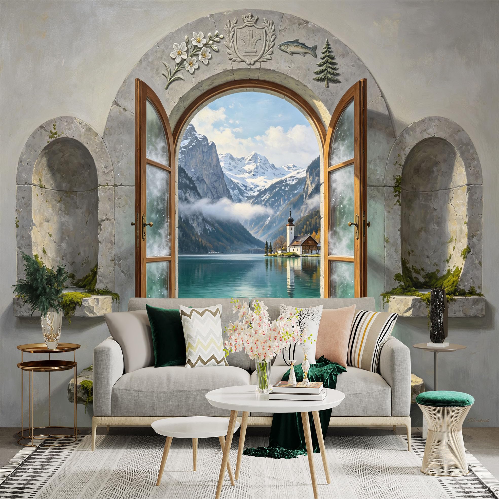 Custom Size Wall Sticker Mural， Alpine Lake View with Mountain Window， Rustic Stone Arch Scenery， for wall Decoration， peelandstick wall Decals.