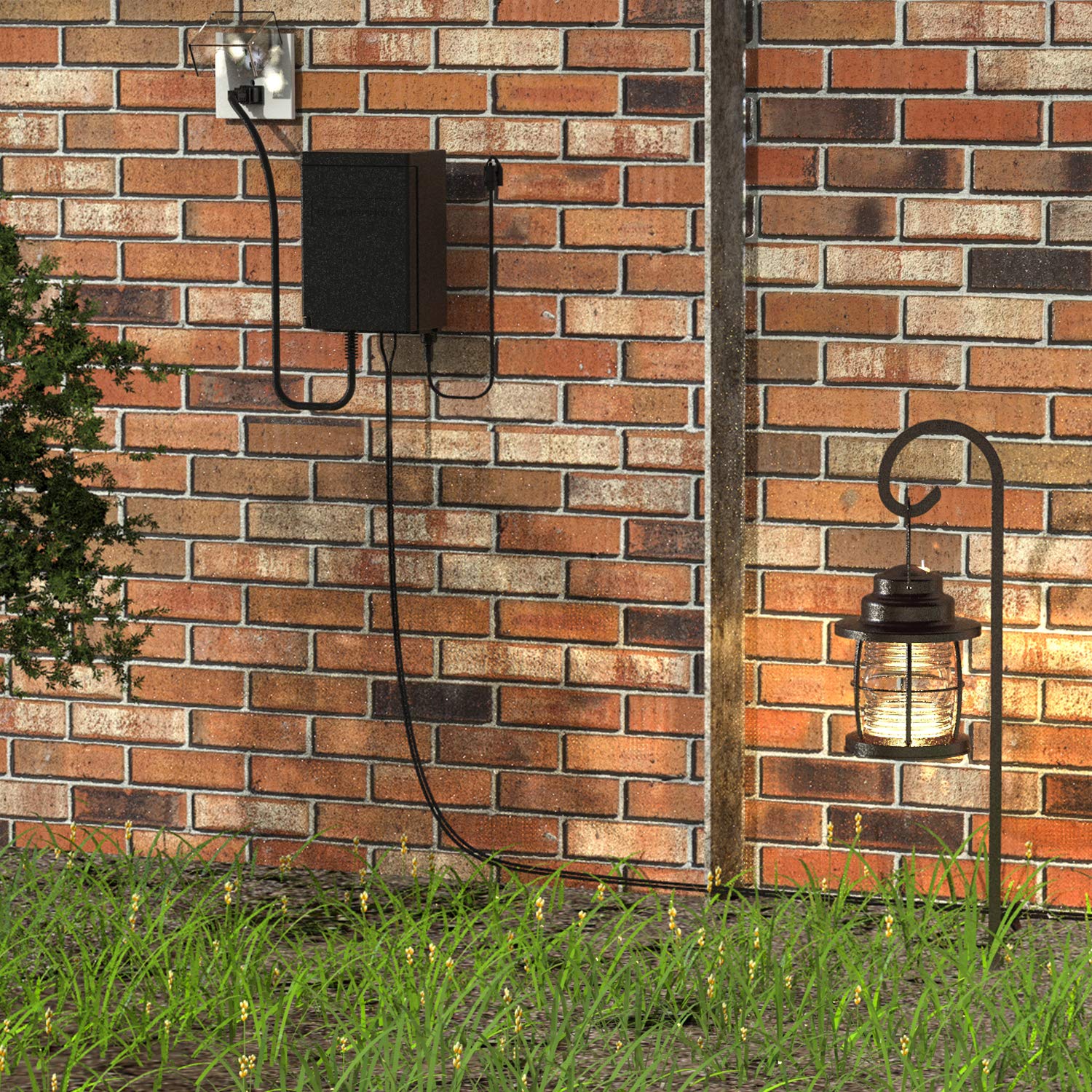 GOODSMANN Low Voltage Transformer installed on a brick wall with a landscape light