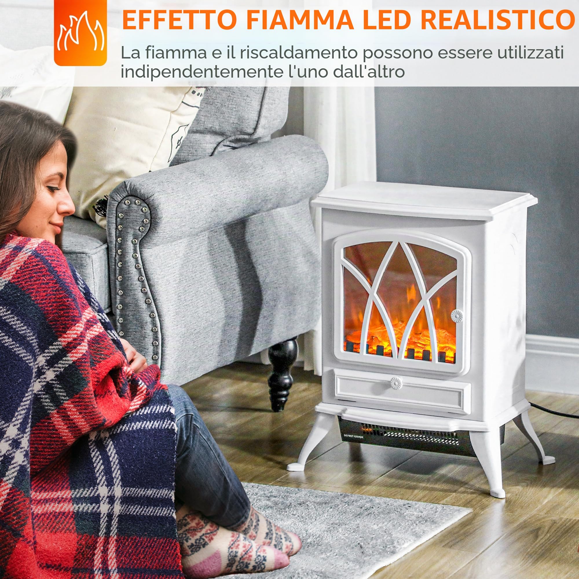 HOMCOM Camino elettrico riscaldante, fiamma LED, 1000/2000W, Bianco | Camino elettrico, decorativo, fiamma elettrica, stufa