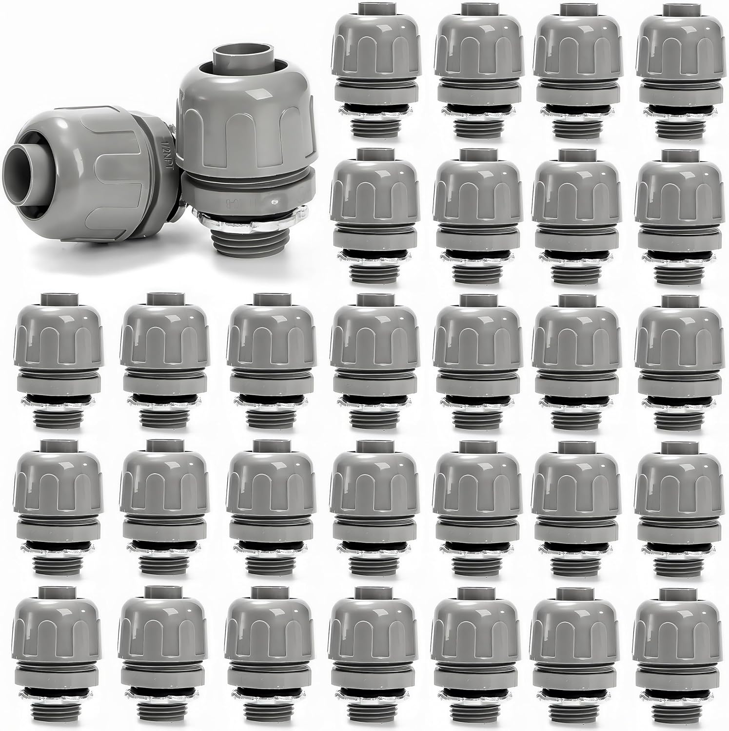 Noamus 30 Pcs Conduit Connectors, 1/2 Inch PVC Electrical Liquid Tight Connector, 180 Degree Straight NPT Non-Metallic Fitting for Home Kitchen Bathroom Outdoor Tubes Tools Supplies, Grey
