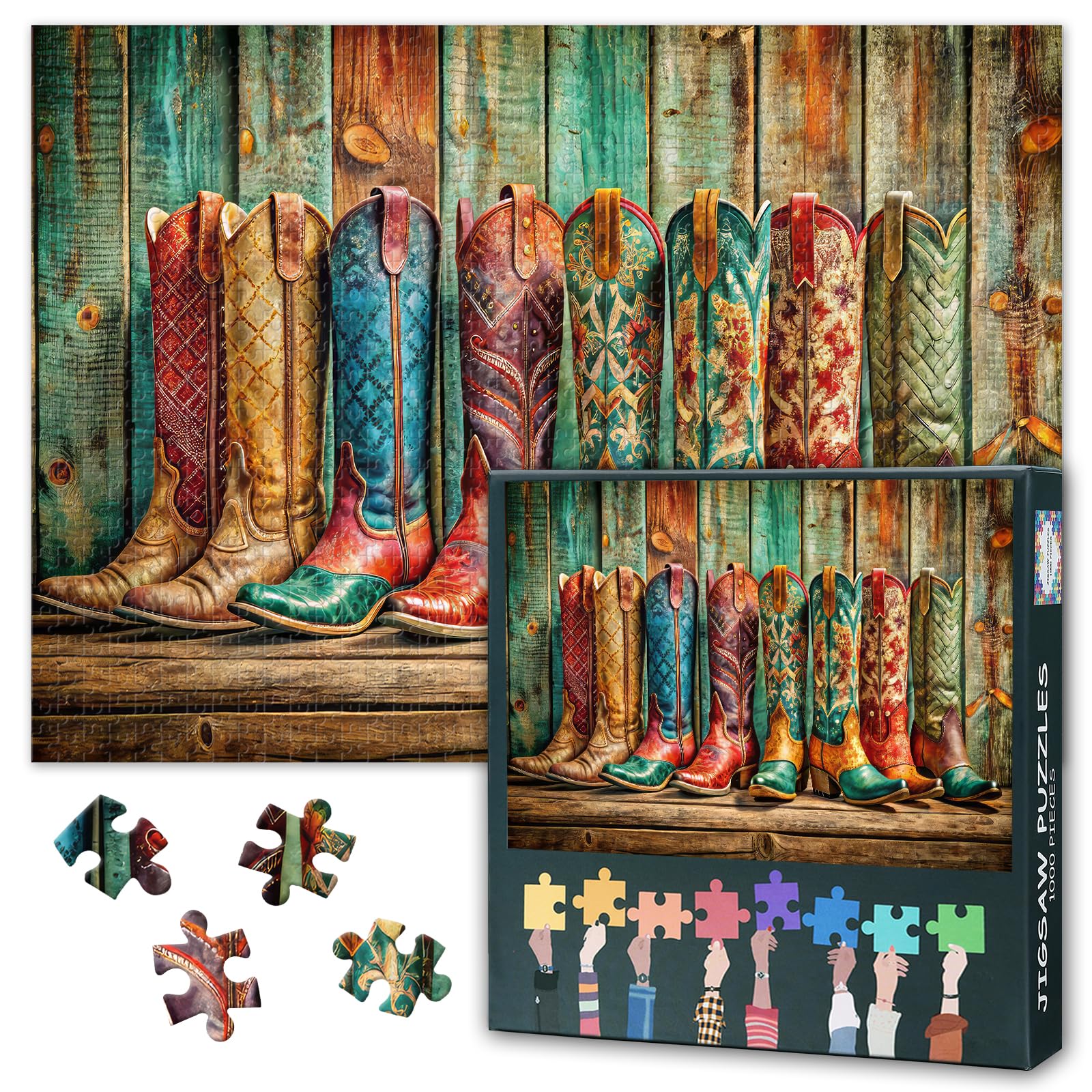 1000 Piece Jigsaw Puzzle for Adults Vintage Cowgirl Fashion Art Retro Western Boots and Patterns Distressed Style Wall Art Challenging Puzzle Game 27.5x19.7 Inch — image 1