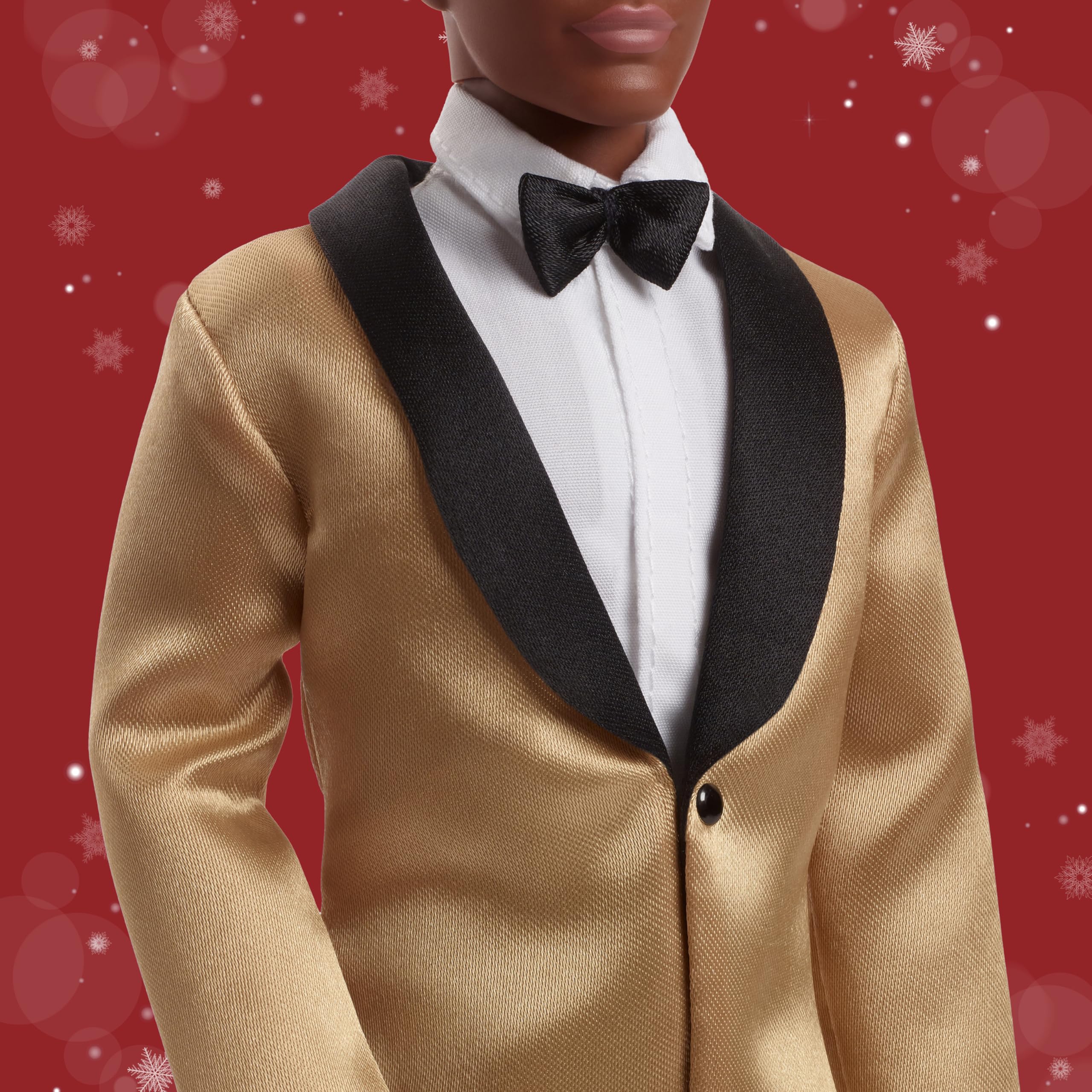 Barbie Signature 2025 Holiday Dark Brown Hair Ken Bambola da collezione alla moda indossa abito completo con giacca dorata in confezione visualizzabile e supporto per bambole