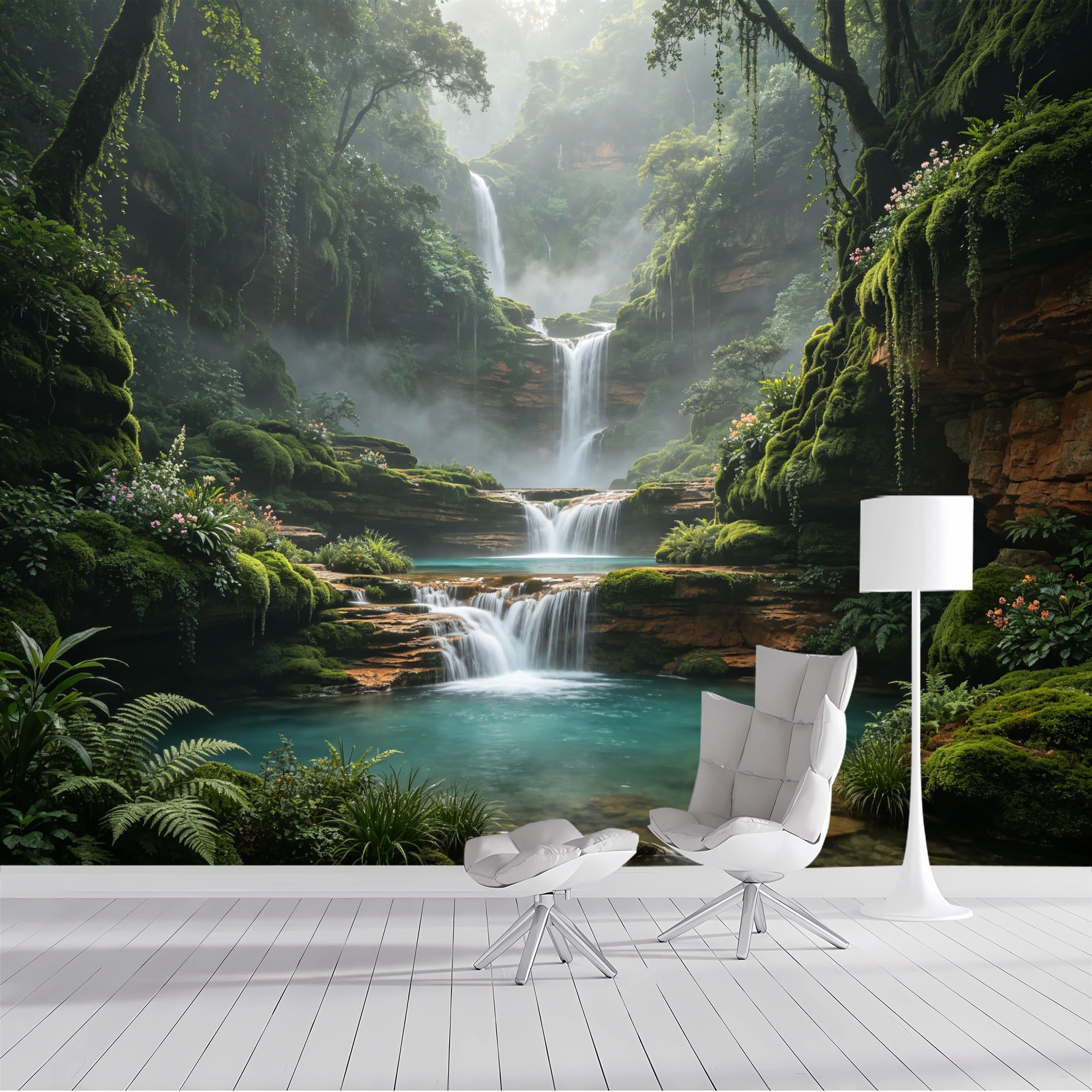 Custom Size Wall Mural Tropical Rainforest Waterfall Jungle Landscape Lush Greenery SelfAdhesive Wall Fabric Removable Peel and Stick Wallpaper Wall Decor for Living Room Bedroom Bathroom