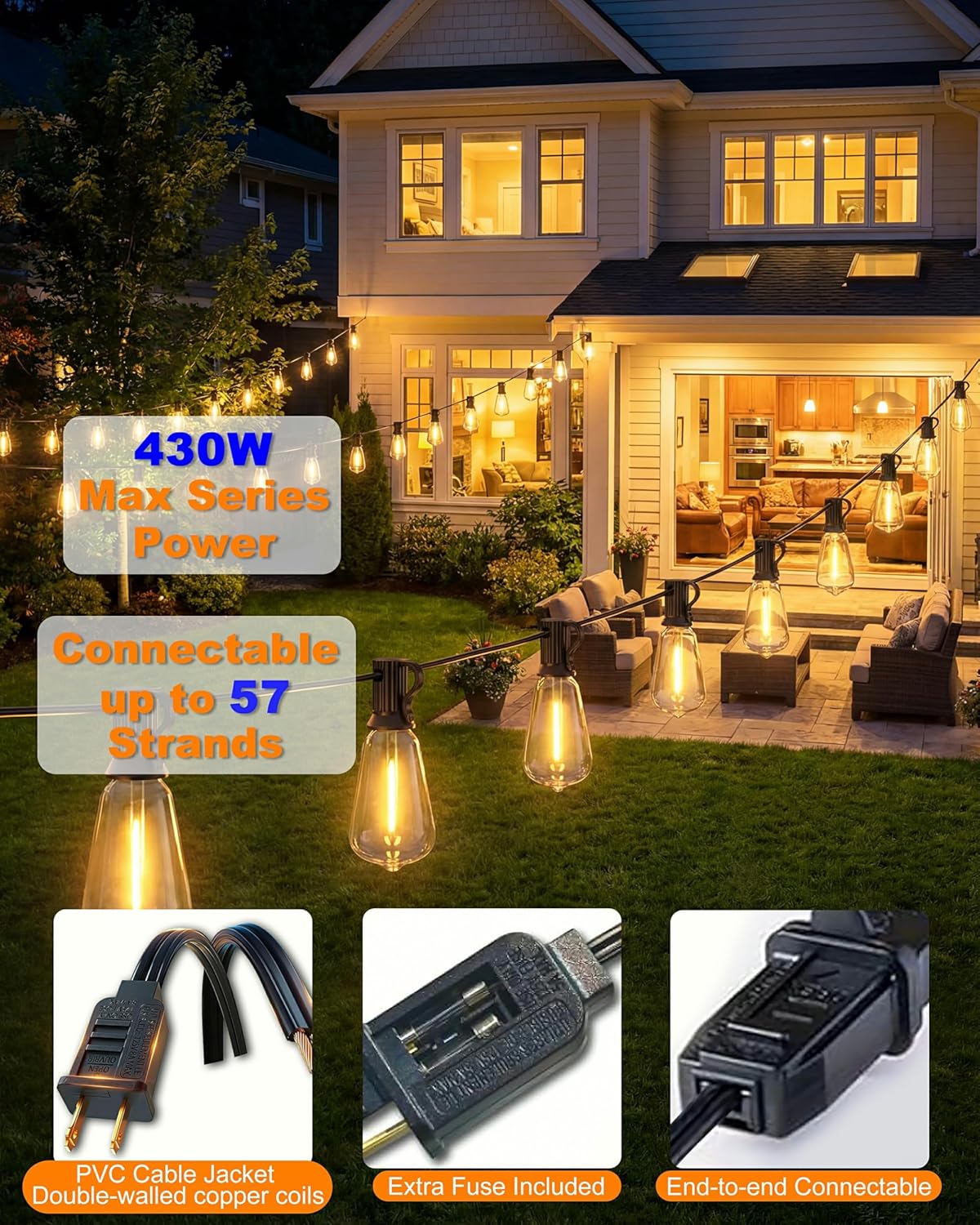 54FT Outdoor String Lights Waterproof, Dimmable LED Patio String Lights with 15+1 ST38 Bulbs Shatterproof, Warm White 2700K Outside Hanging Lights for Patio, Backyard, Garden, Party, Wedding