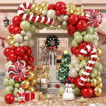 Christmas Balloon Garland Kit, Sage Green Red Gold Christmas Balloon Arch Kit with Cream Balloons Candy Cane Christmas Foil Balloon for Christmas Party Decorations New Year Party Supplies