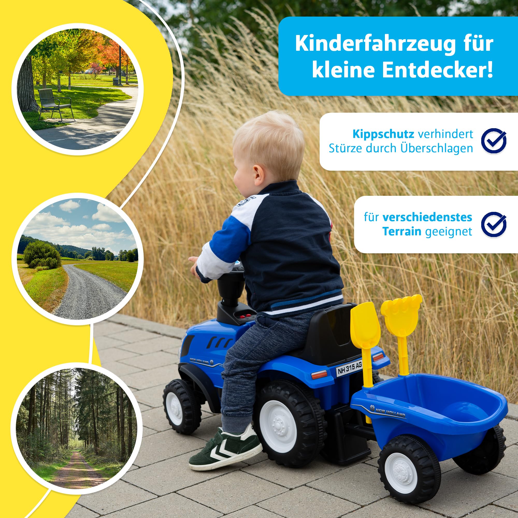 Lemodo Rutschauto Traktor New Holland blau ab 1 Jahr – Kindertraktor mit Anhänger, Schaufel & Rechen, Licht & Sound – Rutschfahrzeug für drinnen & draußen, Lizenziertes Kinderspielzeug, Geschenkidee