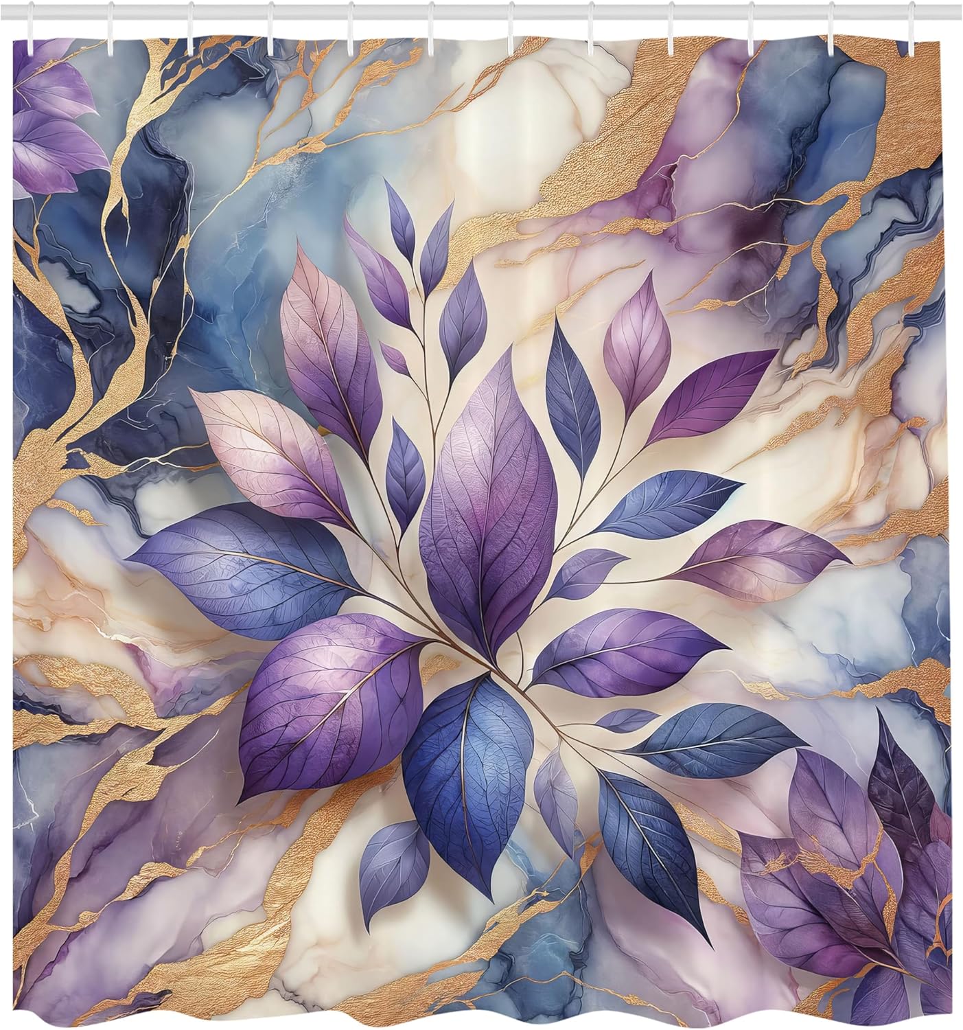 Ambesonne Purple Shower Curtain, Modern Marble Print Illustration Featuring Indigo Tone Leaves Dream, Cloth Fabric Bathroom Decor Set with Hooks, 69" W x 70" L, Lavender Pale Coffee Blue