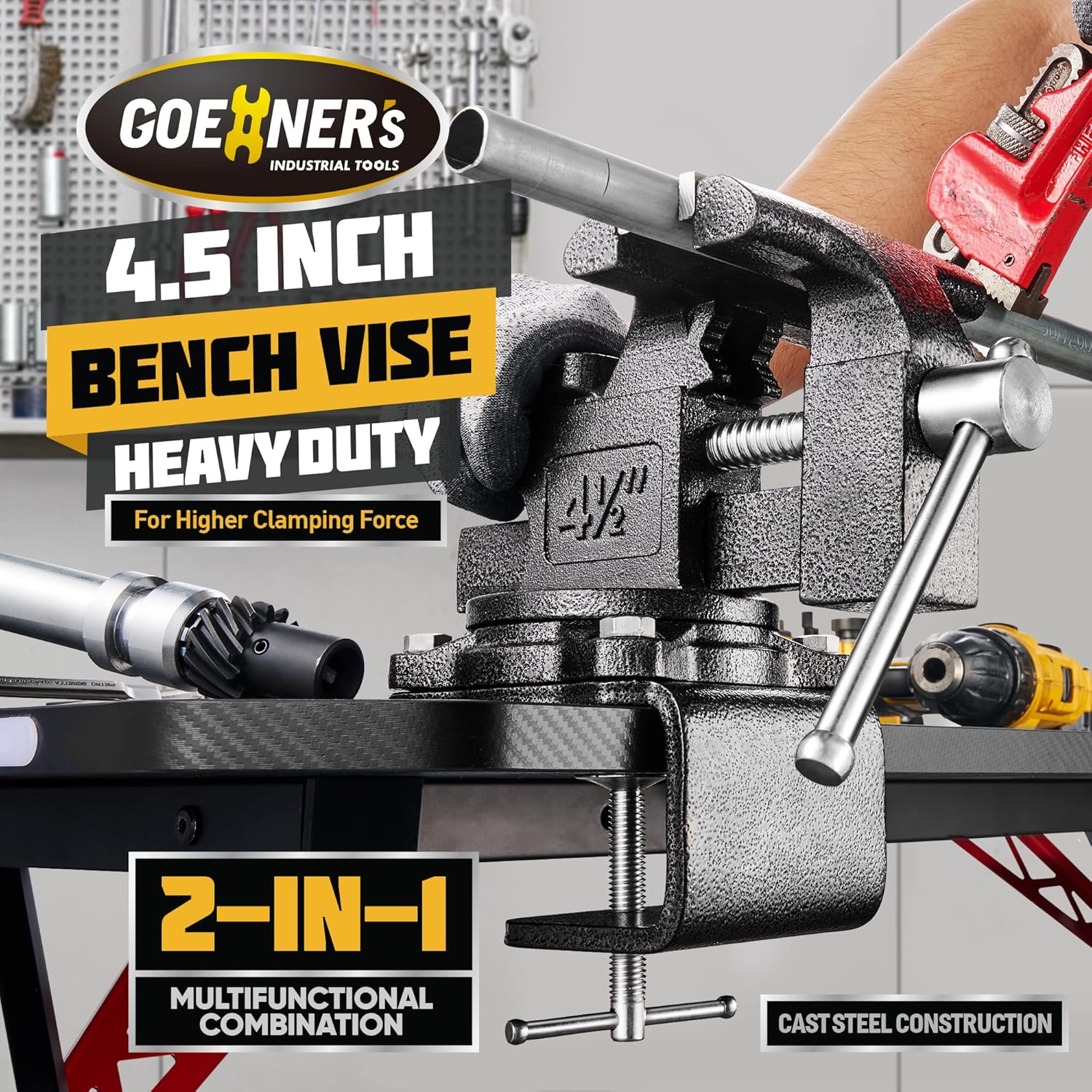 [Upgraded] Bench Vise 4-1/2" Jaw Width with 4.3" Jaw Opening, Table Vice For Workbench, Universal Swivel Vise With Heavy Duty Cast Iron, Easy Adjustment for Woodworking, Workshop DIY Uses