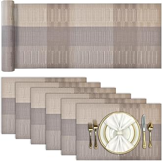 Aofmee Table Runner and Placemats Set of 6 Washable, Heat Resistant Place Mats with Table Runner, Woven Vinyl Table Placemats, Stain Resistant Kitchen Table Mats Sets, Easy to Clean, Gold, Set of 7