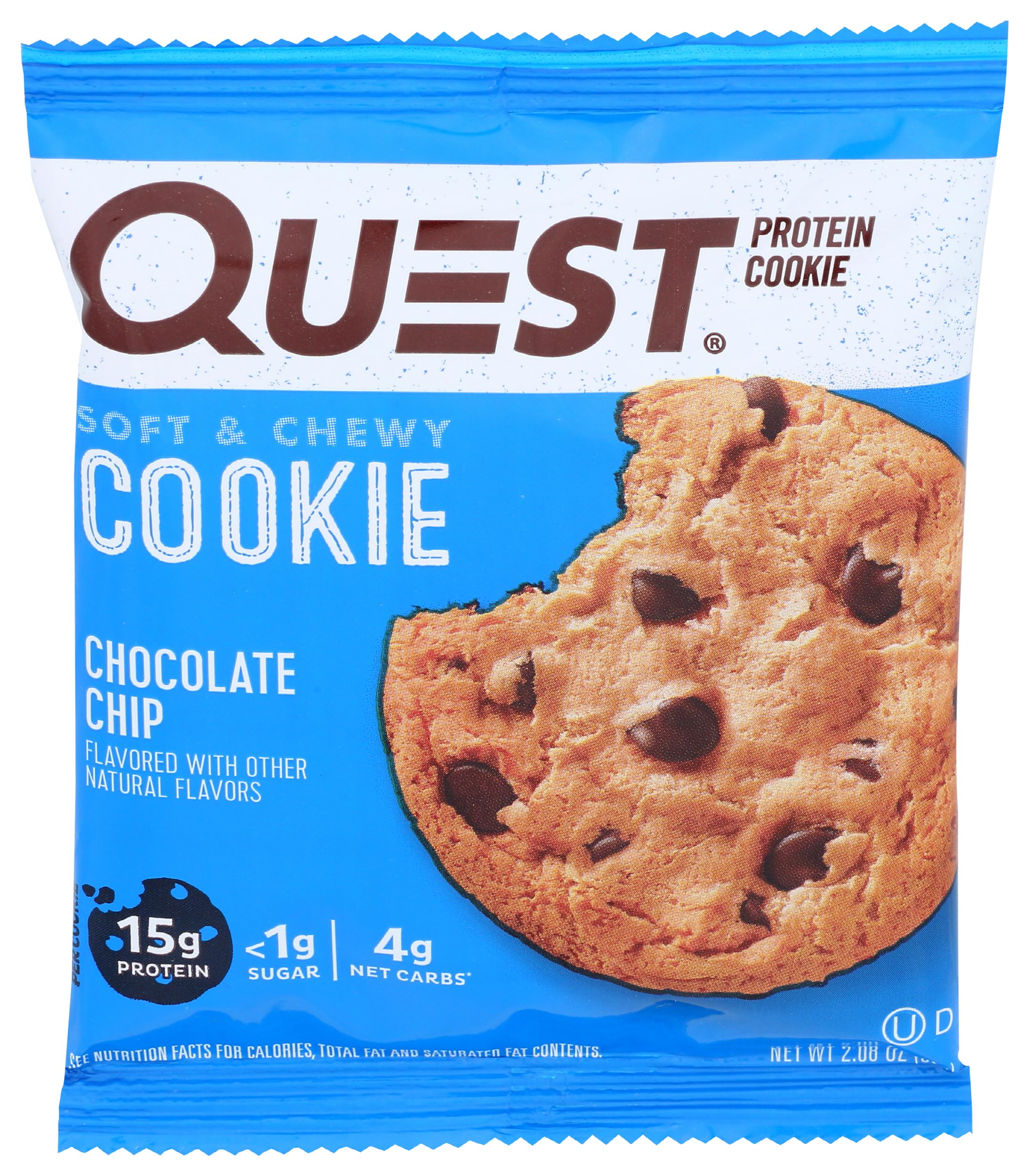 Quest Nutrition Protein Cookie, Chocolate Chip, 15g Protein, 4g Net Carbs, 250 Cals, 2.08oz Cookie, Single Sample, High Protein, Low Carb, Gluten Free, Soy Free