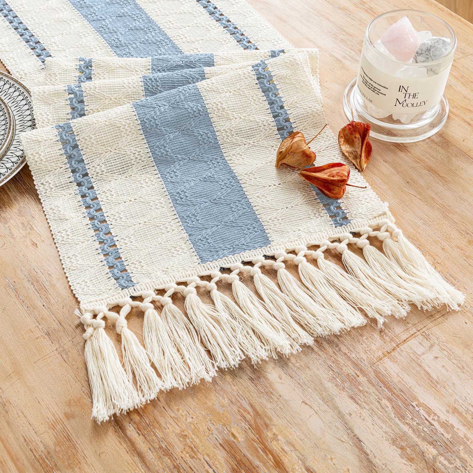 Fancy Homi Light Blue Table Runner 48 Inches Long Boho Macrame Coastal Blue Table Runner for Home Decor, Farmhouse Table Runners with Tassels for Party Rustic Bridal Shower Dining Decor 12x48 Inches