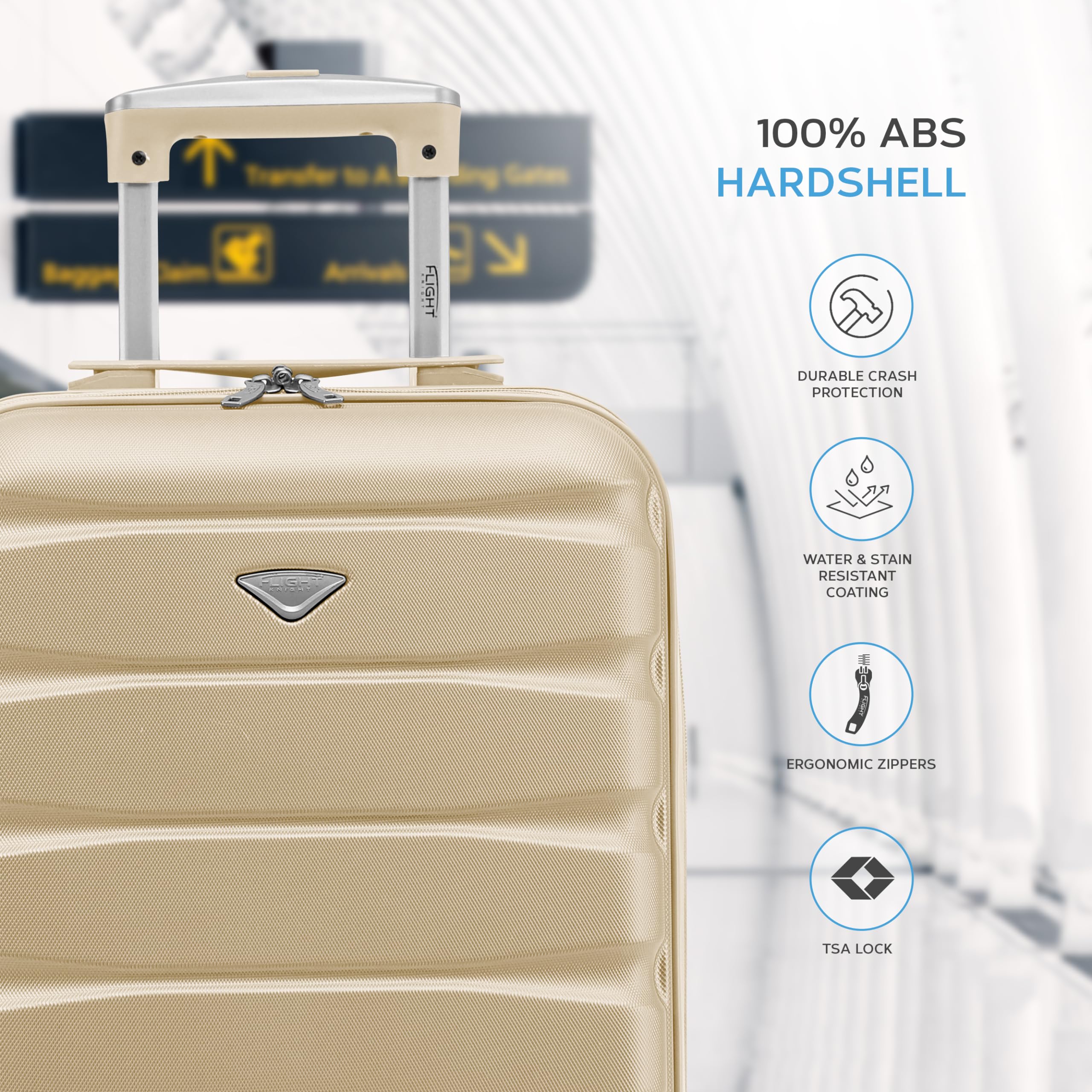 Flight Knight Cabin Suitcase 55x35x20, Lightweight Carry On Bag for Over 100 Airlines- Ryanair, EasyJet, British Airways, Virgin Atlantic - Small Durable Hand Luggage, ABS Hard Shell- TSA Lock