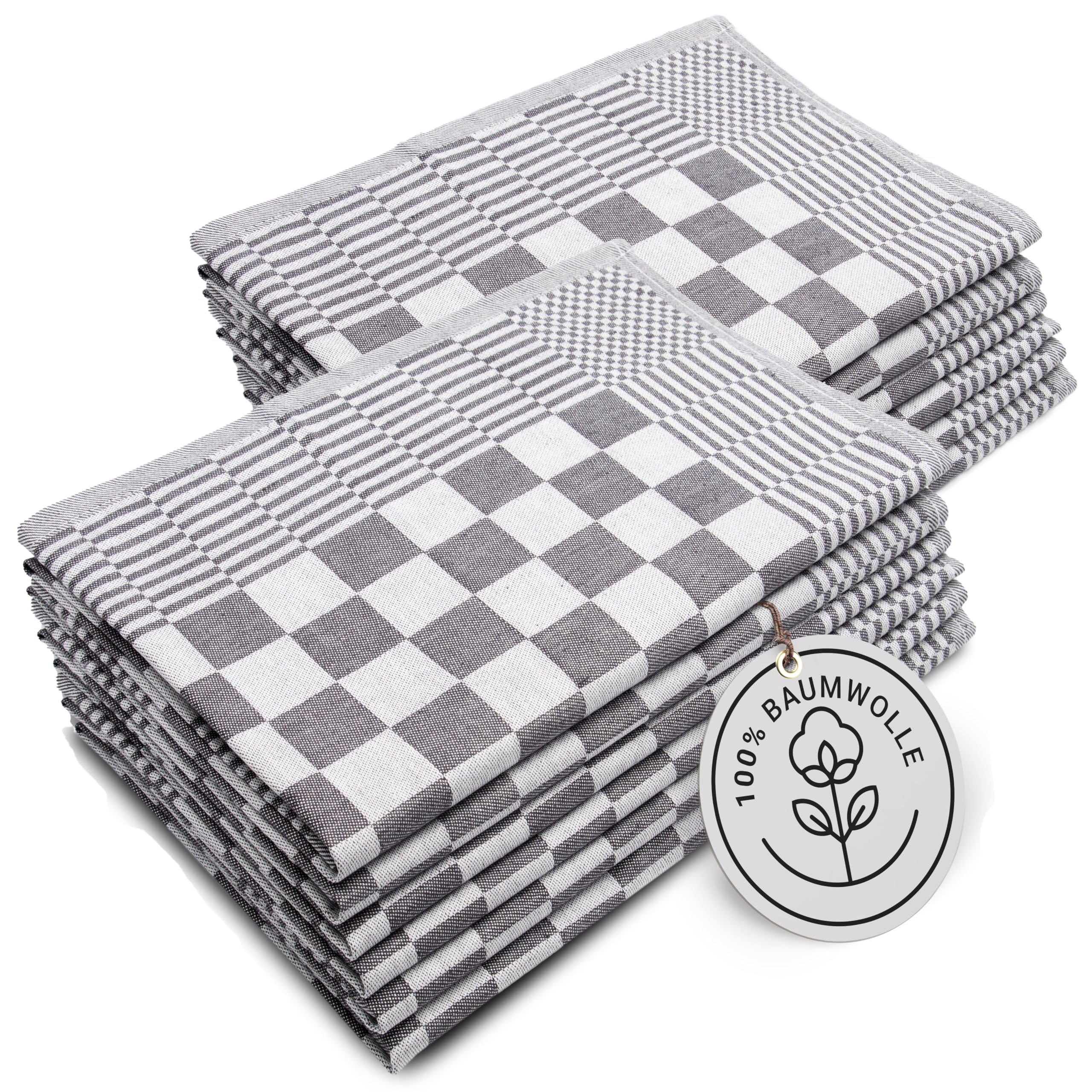 ZOLLNER 12er Set Geschirrtücher Baumwolle in 65x65 cm - extrem saugstarke und robuste Küchentücher - waschbar bis 60°C – in grau kariert - Gastronomiequalität - Oeko Tex® Zertifiziert